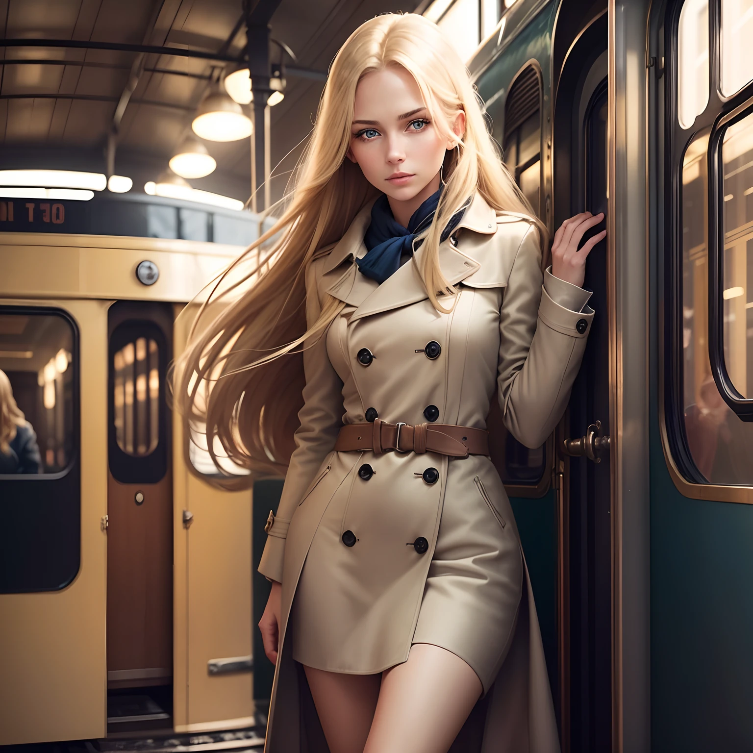 “Capture a portrait of a beautiful sexy young woman with flowing blonde hair and mesmerizing blue eyes. Positioned in a vintage train station, the soft ambient light casts gentle shadows, highlighting her features. Clad in a chic, tailored coat, she awaits her journey, looking directly into the lens with an air of anticipation.”