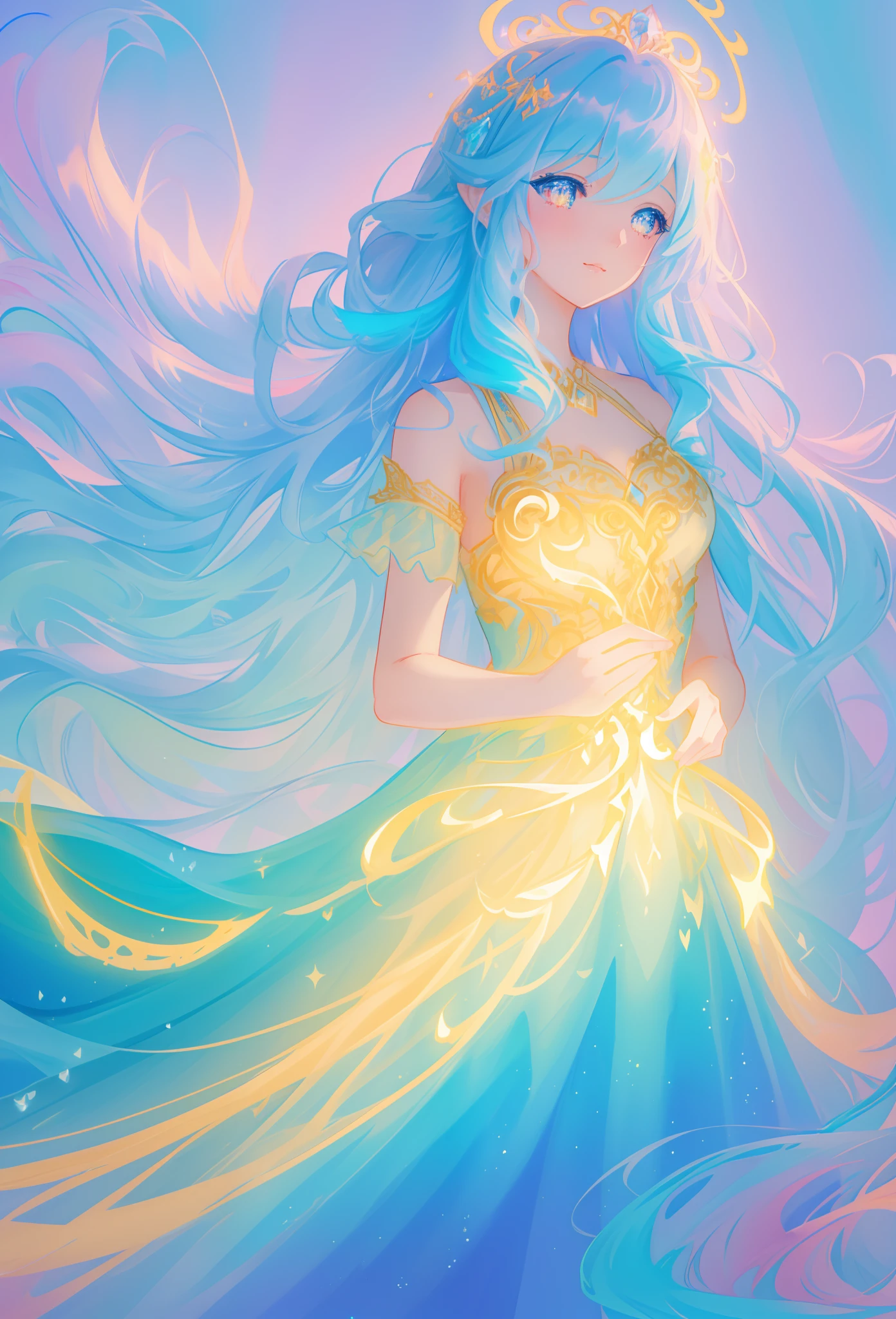beautiful girl, flowing tiered ballgown, vibrant pastel colors, (colorful), glowing golden long hair, magical lights, sparkling magical liquid, inspired by Glen Keane, inspired by Lois van Baarle, disney art style, by Lois van Baarle, glowing aura around her, by Glen Keane, jen bartel, glowing lights! digital painting, flowing glowing hair, glowing flowing hair, beautiful digital illustration, fantasia background, whimsical, magical, fantasy, ((beautiful face)), ((masterpiece, best quality)), intricate details, highly detailed, sharp focus, 8k resolution, sparkling detailed eyes, liquid watercolor