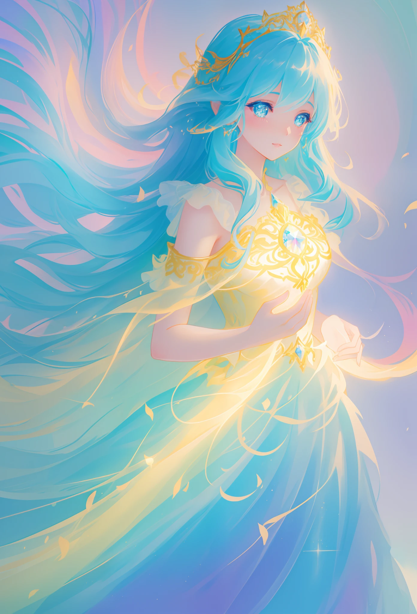 beautiful girl, flowing tiered ballgown, vibrant pastel colors, (colorful), glowing golden long hair, magical lights, sparkling magical liquid, inspired by Glen Keane, inspired by Lois van Baarle, disney art style, by Lois van Baarle, glowing aura around her, by Glen Keane, jen bartel, glowing lights! digital painting, flowing glowing hair, glowing flowing hair, beautiful digital illustration, fantasia background, whimsical, magical, fantasy, ((beautiful face)), ((masterpiece, best quality)), intricate details, highly detailed, sharp focus, 8k resolution, sparkling detailed eyes, liquid watercolor