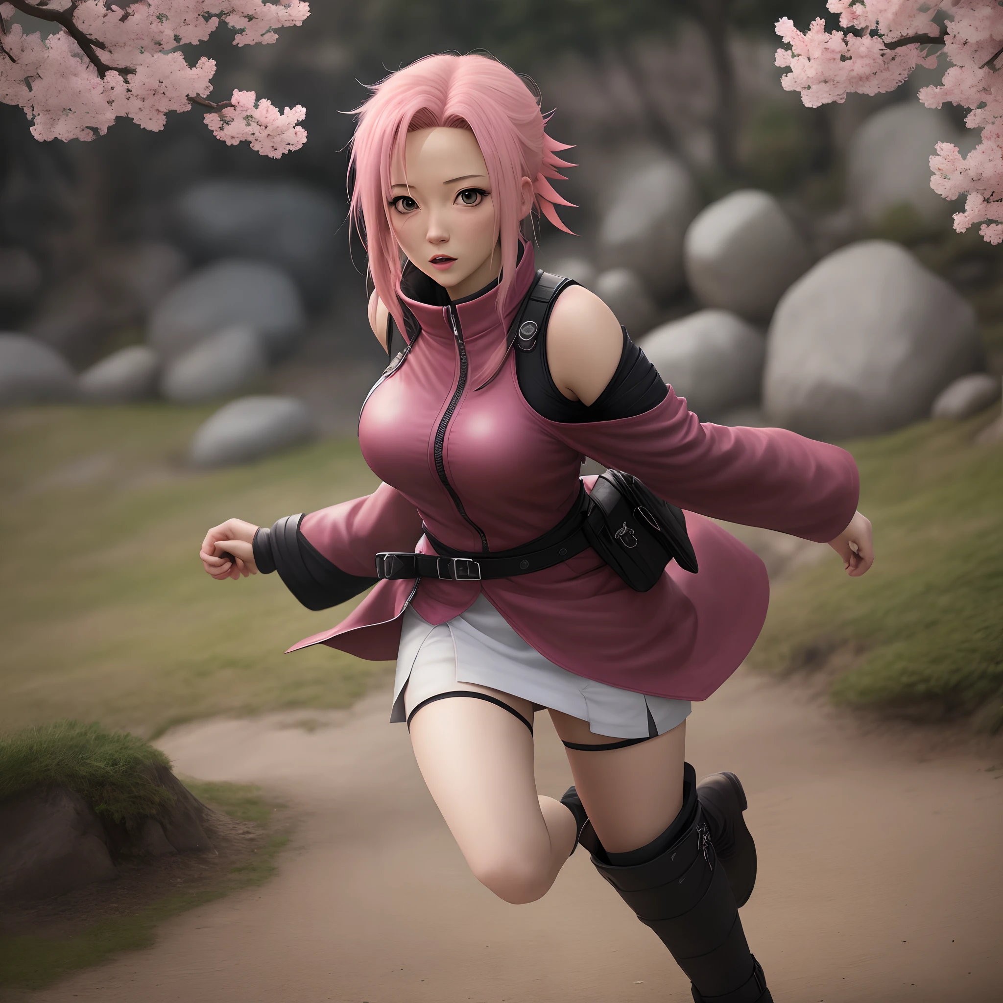 sakura haruno, ((4k, master part, alta qualidade, detalhe)), short hair, Camisa vermelha sem mangas, black thigh shorts, mostrando suas axilas, squatting, mostrando-lhe , floresta, ((majo)), anime Naruto shipudden