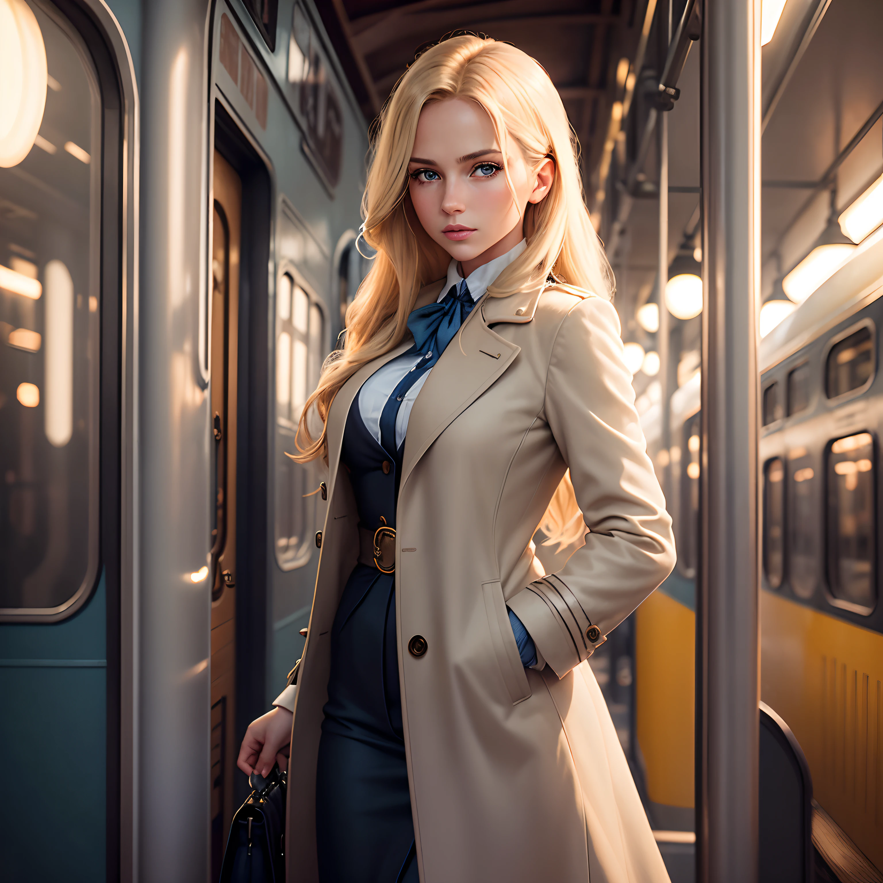 “Capture a portrait of a beautiful sexy young woman with flowing blonde hair and mesmerizing blue eyes. Positioned in a vintage train station, the soft ambient light casts gentle shadows, highlighting her features. Clad in a chic, tailored coat, she awaits her journey, looking directly into the lens with an air of anticipation.”