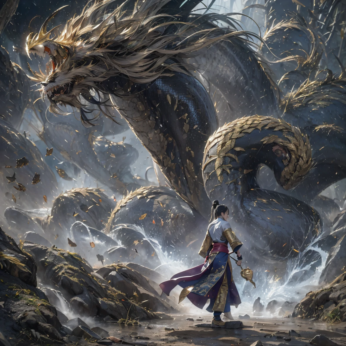 Qin Yu flew into the Immortal Demon Realm, Chance encounter with Liu Hanshu, He saw in him his former self, It was decided to take him as an apprentice, Teach him how to protect himself, But because of the Tibetan star map, He established relationships with the Liu family and the Jade Sword Sect, It opens with the death of Liu Hanshu, Qin Yu embarked on the road of confrontation with a strong enemy, Working hard, Make yourself stronger, Stick to your own core path of justice, I also want to protect the people I care about, The three brothers took off, And embarked on a long journey to find a good brother, Qin Yu, Where are Xiao Hei and Hou Fei(canyons)Climb the streets(Doomsday Stream)eyes filled with angry,He clenched his fists,Rush up,Deliver a fatal blow to your opponent,full bodyesbian,Full Body Male Mage 32K(Masterpiece Canyon Ultra HD)Long flowing black hair,Campsite size,zydink, The wounded lined up in the streets(canyons)Climb the streets, The scene of the explosion(canyons), (Linen batik scarf), Angry fighting stance, looking at the ground, Batik linen bandana, Chinese python pattern long-sleeved garment, canyons(Abstract propylene splash:1.2), Dark clouds lightning background,Flour flies(realisticlying:1.4),Black color hair,Flour fluttering,rainbow background, A high resolution, the detail, RAW photogr, Sharp Re, Nikon D850 Film Stock Photo by Jefferies Lee 4 Kodak Portra 400 Camera F1.6 shots, Rich colors, ultra-realistic vivid textures, Dramatic lighting, Unreal Engine Art Station Trend, cinestir 800,Flowing black hair,(((Jungle Canyon)))The wounded lined up in the streets(vale)Climb the streets,Movie master real-time image quality