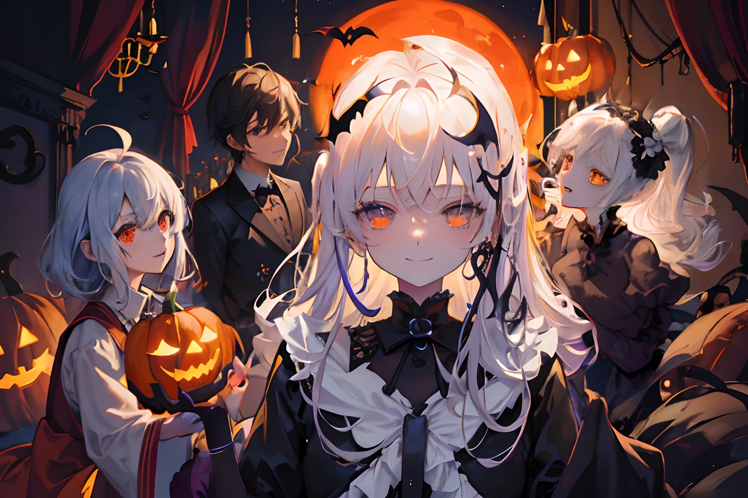 Create exquisite illustrations reminiscent of Makoto Shinkai's style, It has ultra-fine details and top-notch quality. Draw a jack-o'-lantern、Draw a Halloween pumpkin ghost