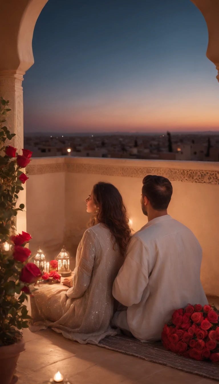 hyper realistic photo, ultra detailed photograph of a beautiful Moroccan rooftop, man and woman from behind, face hidden, towards view, praying together, photorealistic, riad rooftop, Amazigh pillows, Marrakech view, stunning moon, shimmering stars, iridescent, hyperrealism, moroccan lamps, Ultra photoreal, Intricate details, Ultra detailed, photorealistic, great high details, hyper real photo, 8k, extreme quality, gorgeous roses, exotic, glimmering lights, magical, romantic, wishing