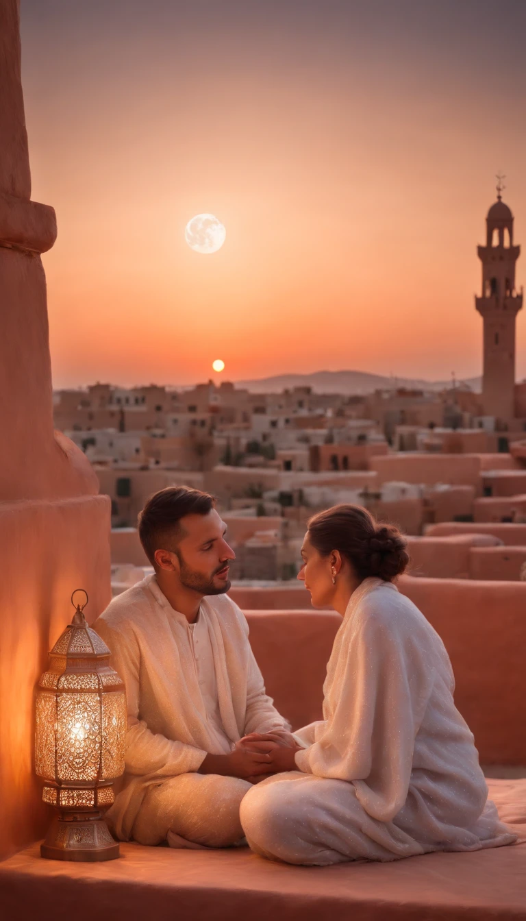 hyper realistic photo, ultra detailed photograph of a beautiful Moroccan rooftop, man and woman from behind, face hidden, towards view, praying together, photorealistic, riad rooftop, Amazigh pillows, Marrakech view, stunning moon, shimmering stars, iridescent, hyperrealism, moroccan lamps, Ultra photoreal, Intricate details, Ultra detailed, photorealistic, great high details, hyper real photo, 8k, extreme quality, gorgeous roses, exotic, glimmering lights, magical, romantic, wishing