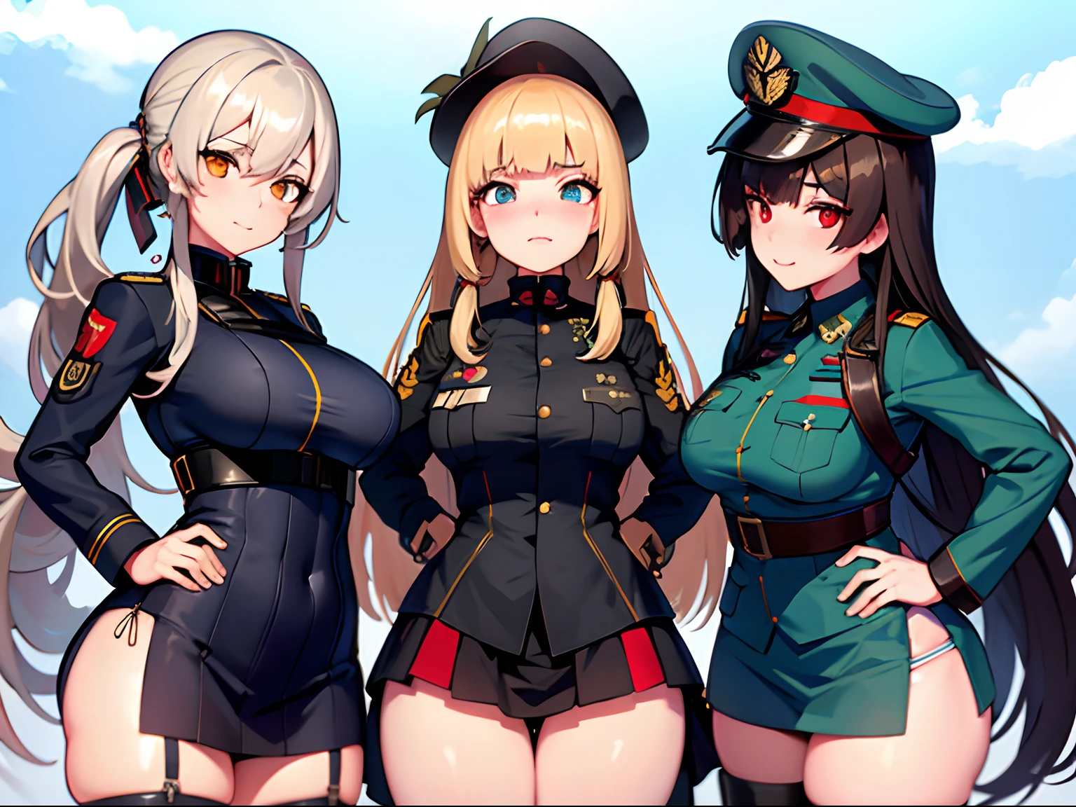 Score_9, score_8_up, score_7_up, score_6_up, source_anime, gyaru, slutty_clothes, expressiveh, multiple girls, group picture, 3girls, standing, (salute), gold earrings, large breasts, jewelry, military cap, (military uniform), (epaulette), jacket, harness, thigh strap, black thigh boots, (layered skirt), miniskirt, 