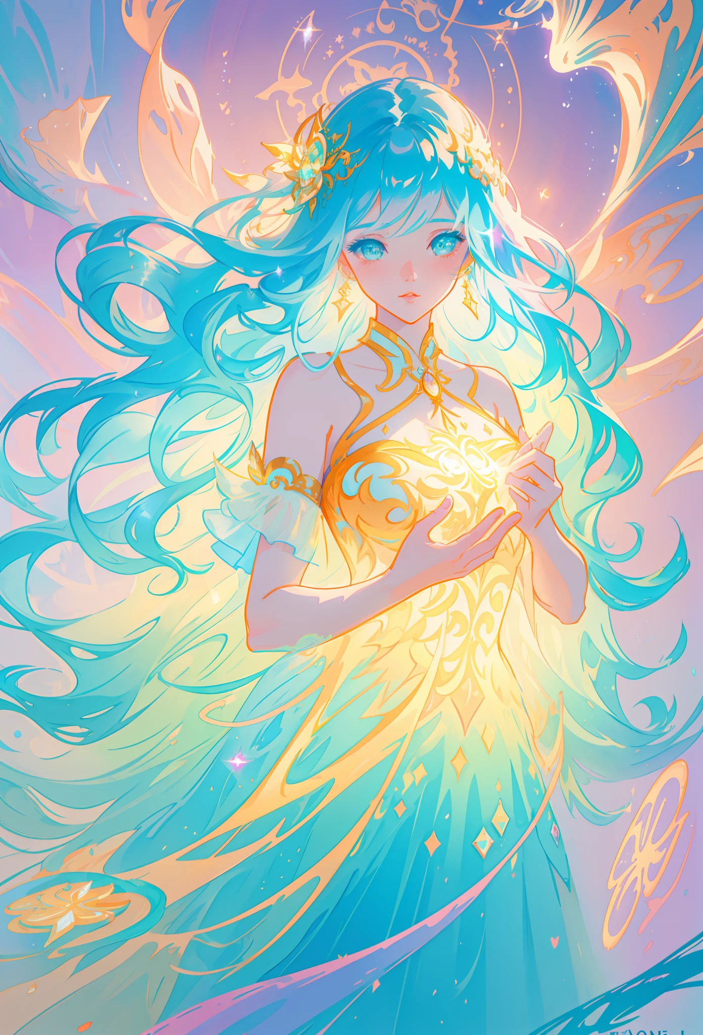 beautiful girl, flowing tiered ballgown, vibrant pastel colors, (colorful), glowing golden long hair, magical lights, sparkling magical liquid, inspired by Glen Keane, inspired by Lois van Baarle, disney art style, by Lois van Baarle, glowing aura around her, by Glen Keane, jen bartel, glowing lights! digital painting, flowing glowing hair, glowing flowing hair, beautiful digital illustration, fantasia background, whimsical, magical, fantasy, ((beautiful face)), ((masterpiece, best quality)), intricate details, highly detailed, sharp focus, 8k resolution, sparkling detailed eyes, liquid watercolor