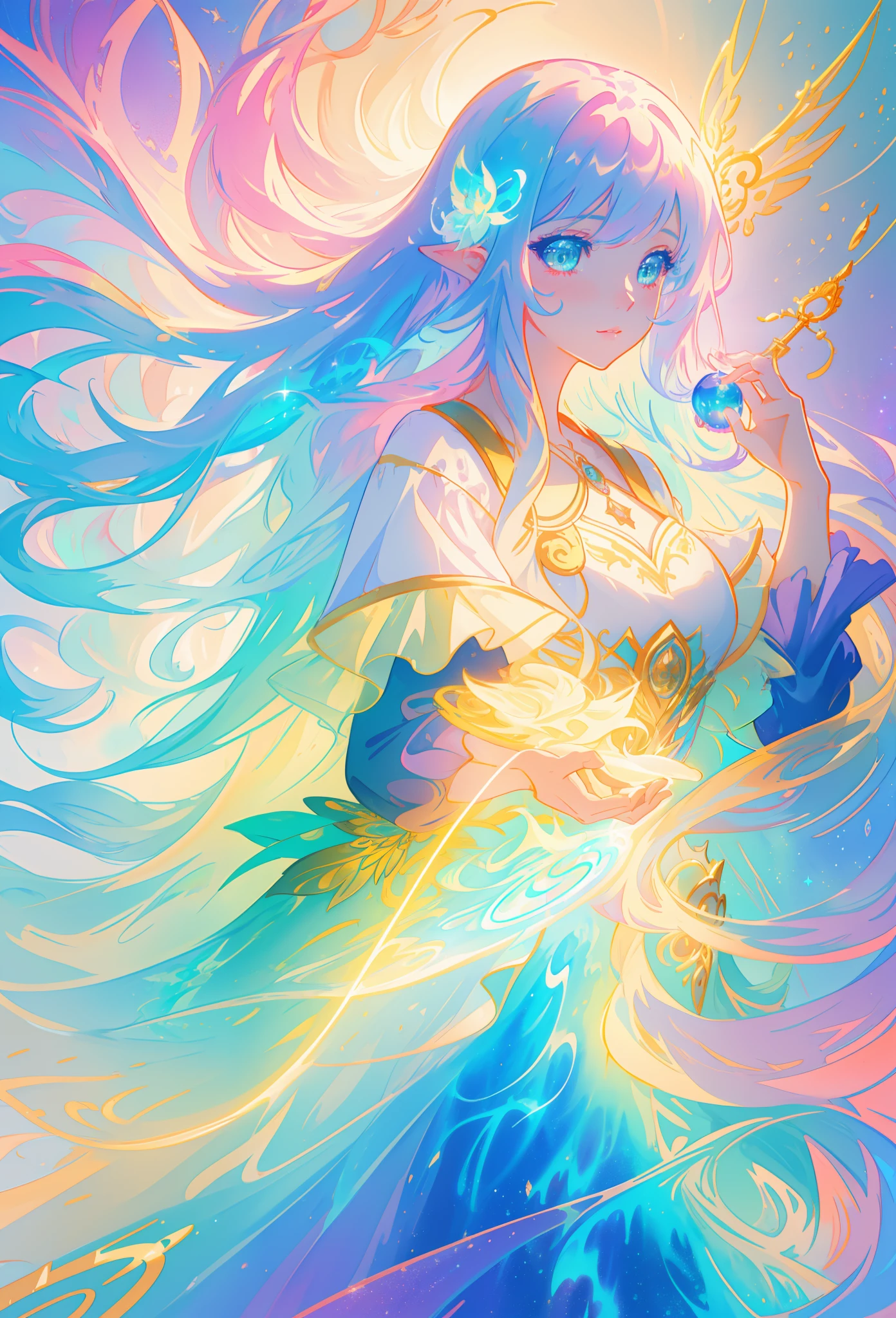 beautiful girl, flowing tiered ballgown, vibrant pastel colors, (colorful), glowing golden long hair, magical lights, sparkling magical liquid, inspired by Glen Keane, inspired by Lois van Baarle, disney art style, by Lois van Baarle, glowing aura around her, by Glen Keane, jen bartel, glowing lights! digital painting, flowing glowing hair, glowing flowing hair, beautiful digital illustration, fantasia background, whimsical, magical, fantasy, ((beautiful face)), ((masterpiece, best quality)), intricate details, highly detailed, sharp focus, 8k resolution, sparkling detailed eyes, liquid watercolor