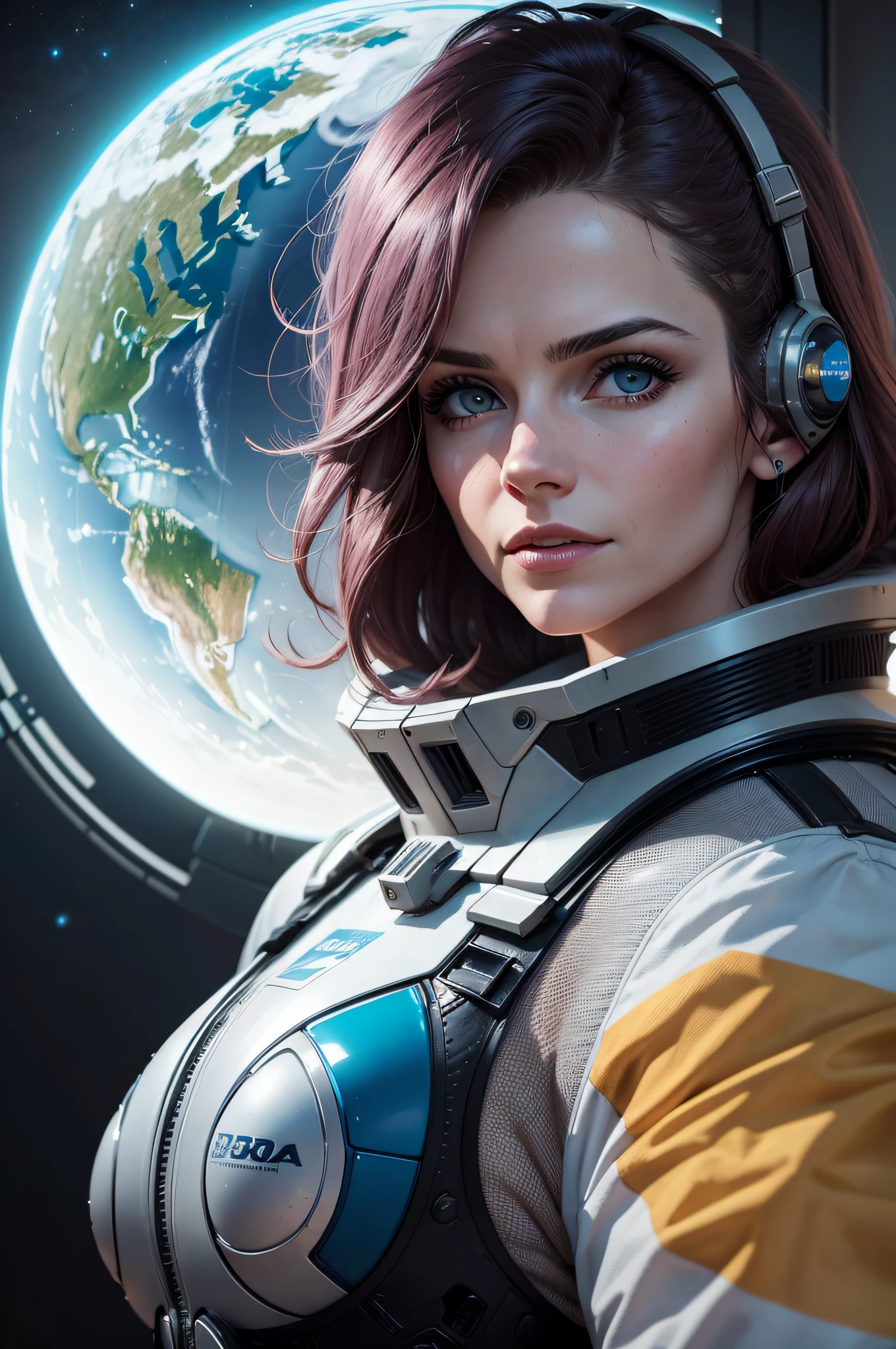LAURA BECK astronoma, 1,70 metros, 35 anos, cabelo cacheado, corpo delineado, at a scientific research station on the giant planet ,Barato, Cyberpunk, Reflexo da lente, fogo, Fujifilm, Concedido, mulher bonito, best quality, alta resolução, 8k