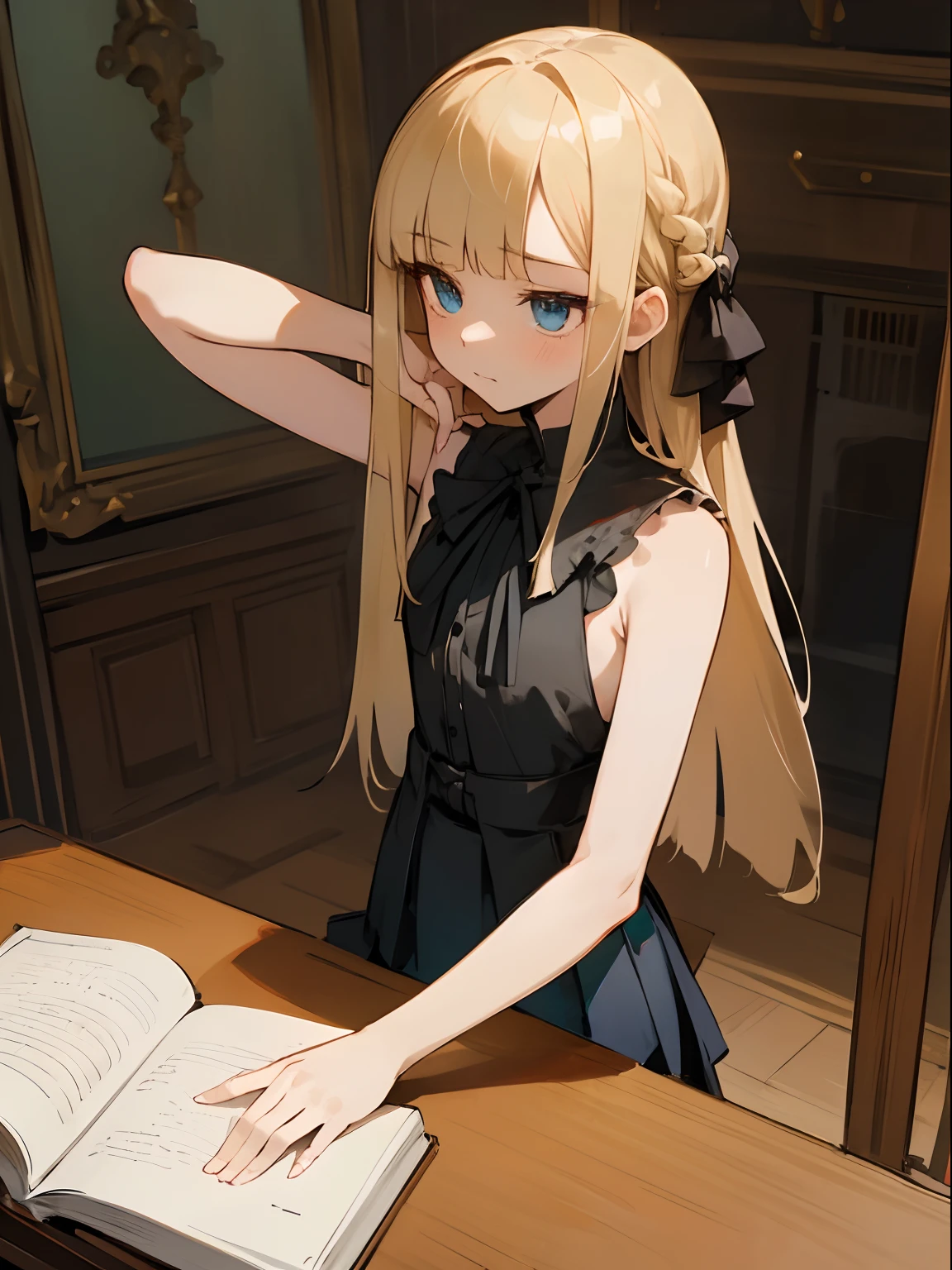 Reines, 1girl, high quality, best quality, illustration, masterpiece, (highly detailed:1.2), (extremely detailed:1.3), black halter neck shirt, sleeveless shirt, backless, young girl, string ribbon, mini skirt, braid, petite, loli, arm on desk, in a house