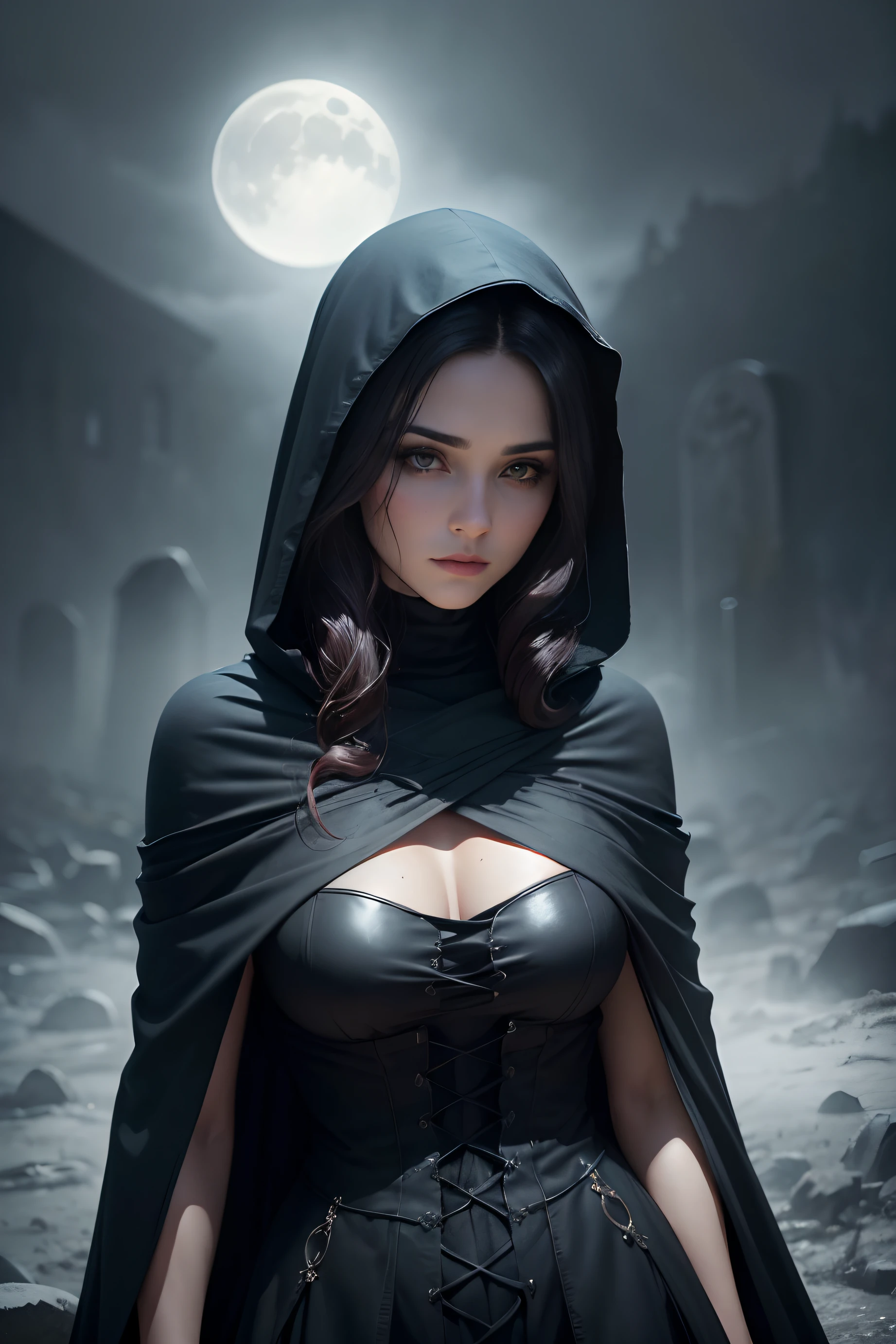 (best quality, highres, realistic:1.37), beautiful young female sorcerer, fair skin, long black hair, black gothic medieval dress, long black cloak, delicate veil, casting magic spell, detailed eyes and lips, long eyelashes, intense gaze, mystical aura, ancient runes, eerie atmosphere, dark color palette, hauntingly beautiful, supernatural powers, ethereal beauty, hauntingly beautiful landscape, foggy graveyard, crumbling tombstones, moonlit sky