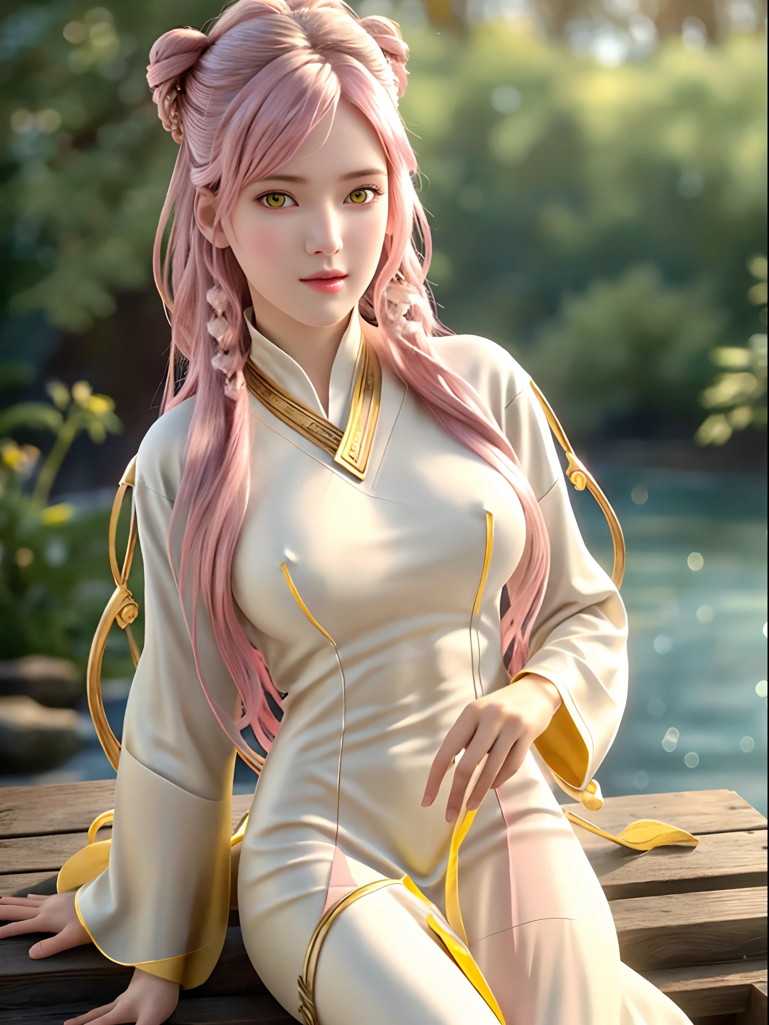 angel,(best quality,4k,8k,highres,masterpiece:1.2),ultra-detailed,(realistic,photorealistic,photo-realistic:1.37),portraits,vivid colors,soft lighting,ethereal,angelic,heavenly,golden halo,flowing robes,dove,peaceful,tranquil,majestic wings,lightness,floating,graceful movement,serene expression,glowing,divine beauty,elegant,calm,sunlit,harp music,celestial beings,haloed figure,gentle smile,harmony,serenity,pure-white feathers,healing presence,beams of light,(hyperrealistic), (illustration), (high resolution), (8K), (extremely detailed), (best illustration), (beautiful detailed eyes), (best quality), (ultra-detailed), (masterpiece), (wallpaper), (photorealistic), (natural light), (rim lighting), (detailed face), (high detailed realistic skin texture), (anatomically correct), (solo), (1 girl), (high detailed realistic hair), (pink hair:1.35), (heterochromic eyes), (detailed eyes), (yellow eyes:1.37), (sparkling eyes), (realistic big breasts:1.5), (nude:1.4), (long legs), (slender abs), (dynamic pose), (closed tiny mouth:1.3), nsfw, concentrated expression, upon body