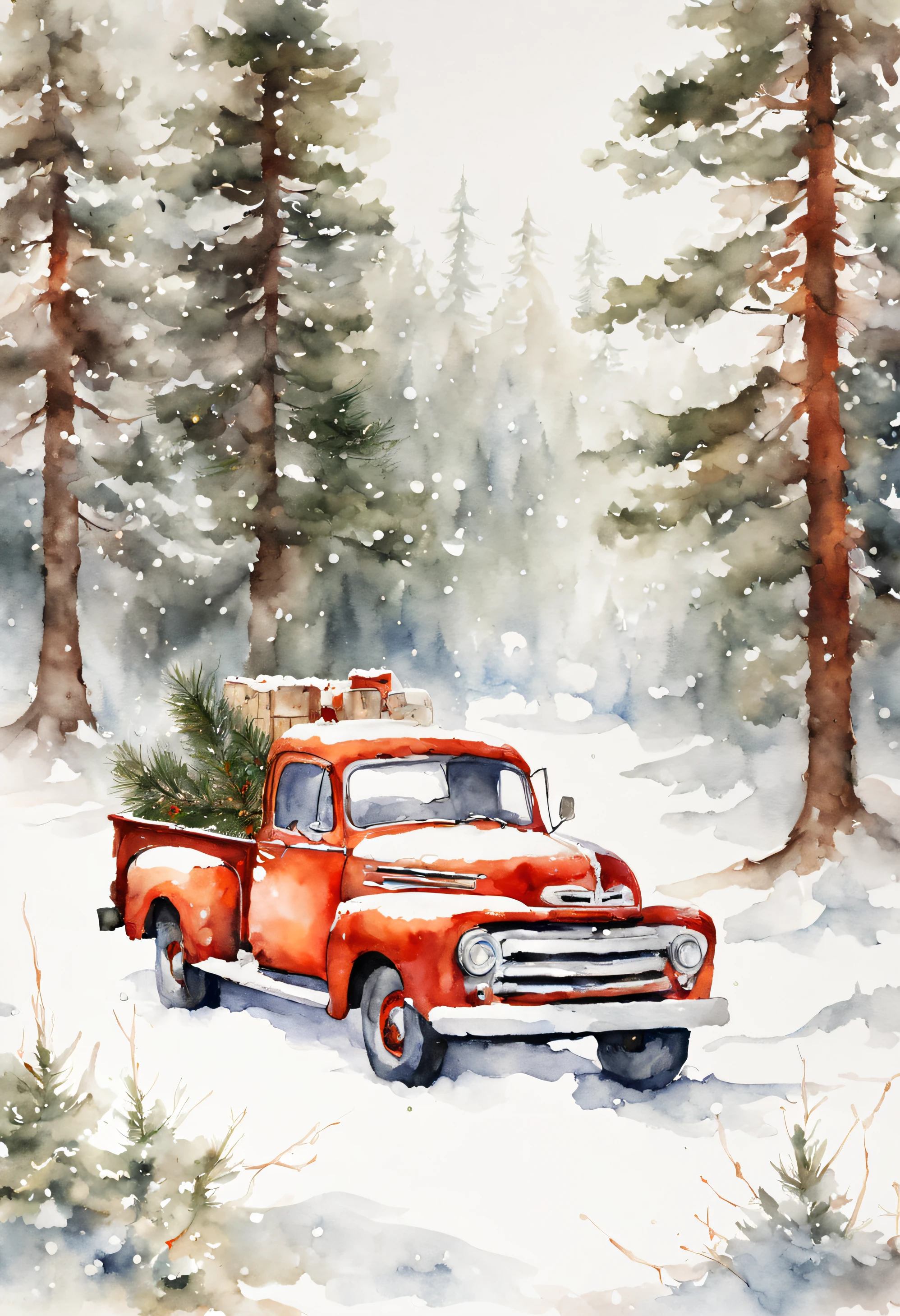 red truck christmas watercolor, in the style of timeless nostalgia, Behind are pine trees covered with snow, white and orange, nature inspired, Often used on Christmas cards, luxurious wall hangings, cottagepunk, forestpunk, by Hannah Dale