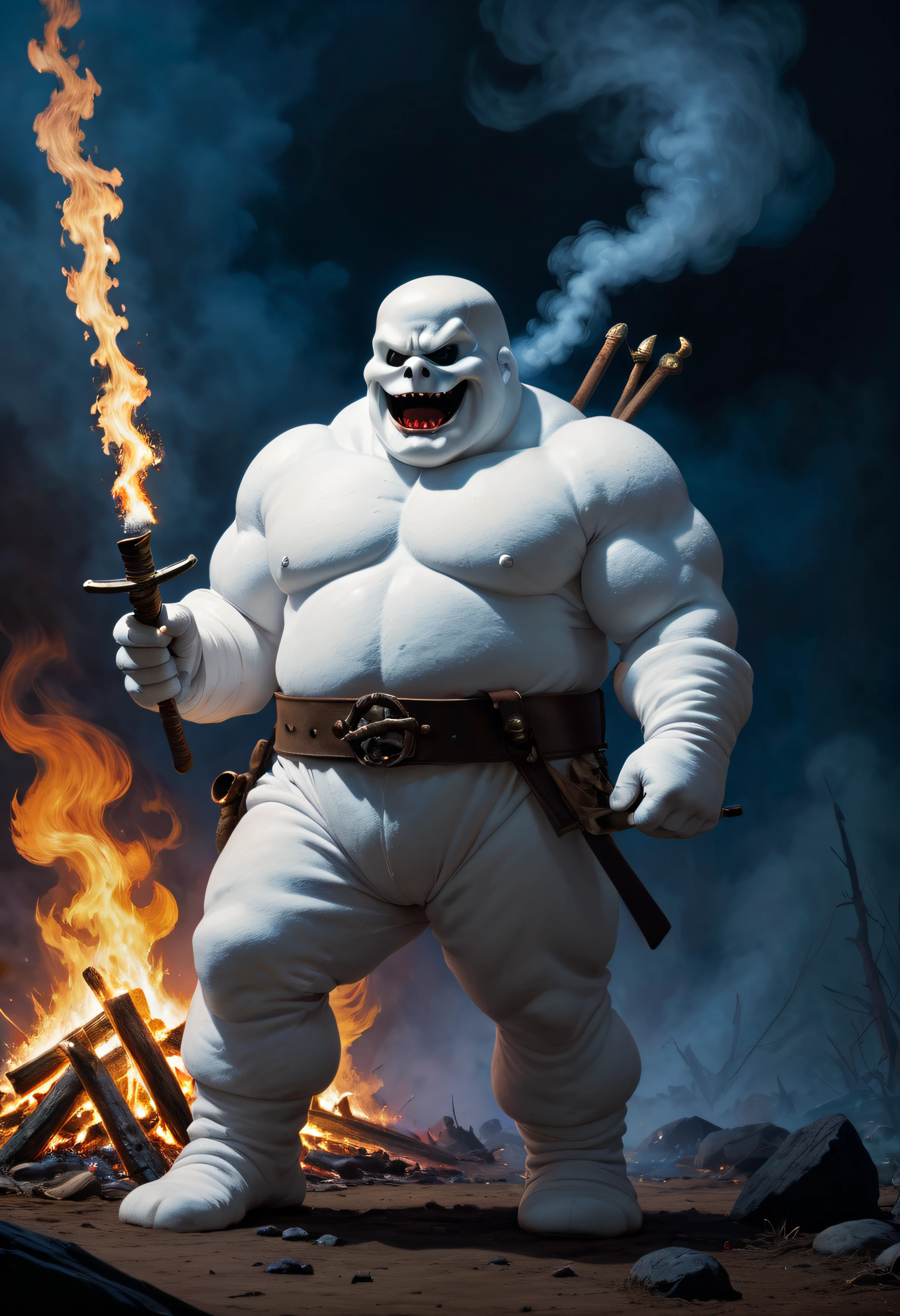 graphic violent fantasy art, in the art style of Frank Frazetta, the indomitable anthropomorphic, Marshmallow-Man from the movie 'the Death of Smores,' 32k UHD, hyper realistic, photorealistic, realistic, lifelike, real life, extremely detailed, sharp, vibrant, colorful, smokey, violent, graphic, beautiful, amazing, artistic, wonderful, powerful, swashbuckling, professional quality Oil Painting