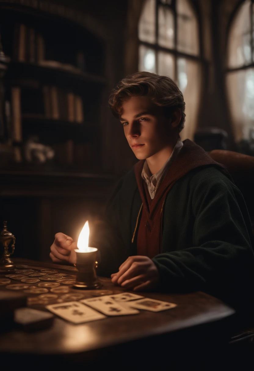 90's style teenager Wizard, Hogwarts student (17 years old) digital art, chilling, awesome lightning, in his room, playing magic the gathering