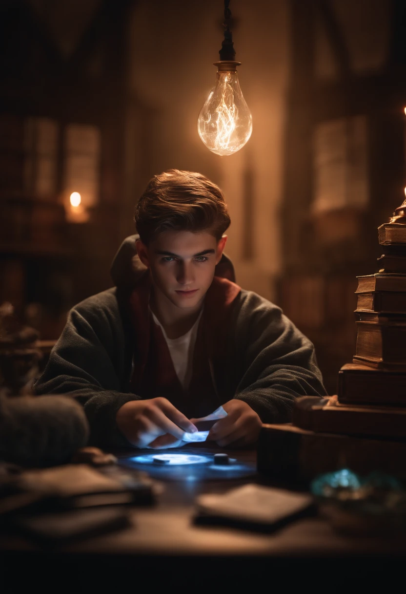 90's style teenager Wizard, Hogwarts student () digital art, chilling, awesome lightning, in his room, playing magic the gathering
