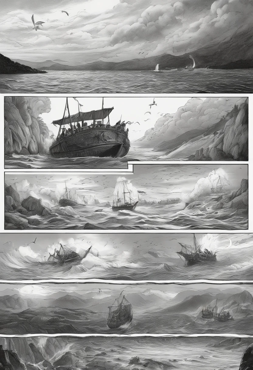 Comic storyboard:2,Noah's Ark floats in the Great Flood of Doomsday,various animals,Close-up of the white-bearded old man,DOA,Panorama Figures,aerial shot,tmasterpiece,extreme hight detail,realisticlying