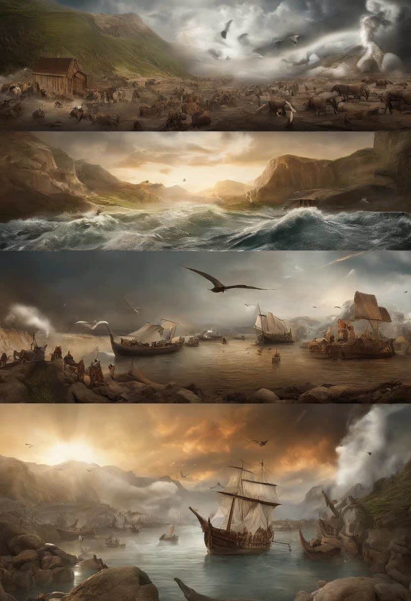 Comic storyboard:2,Noah's Ark floats in the Great Flood of Doomsday,various animals,Close-up of the white-bearded old man,DOA,Panorama Figures,aerial shot,tmasterpiece,extreme hight detail,realisticlying
