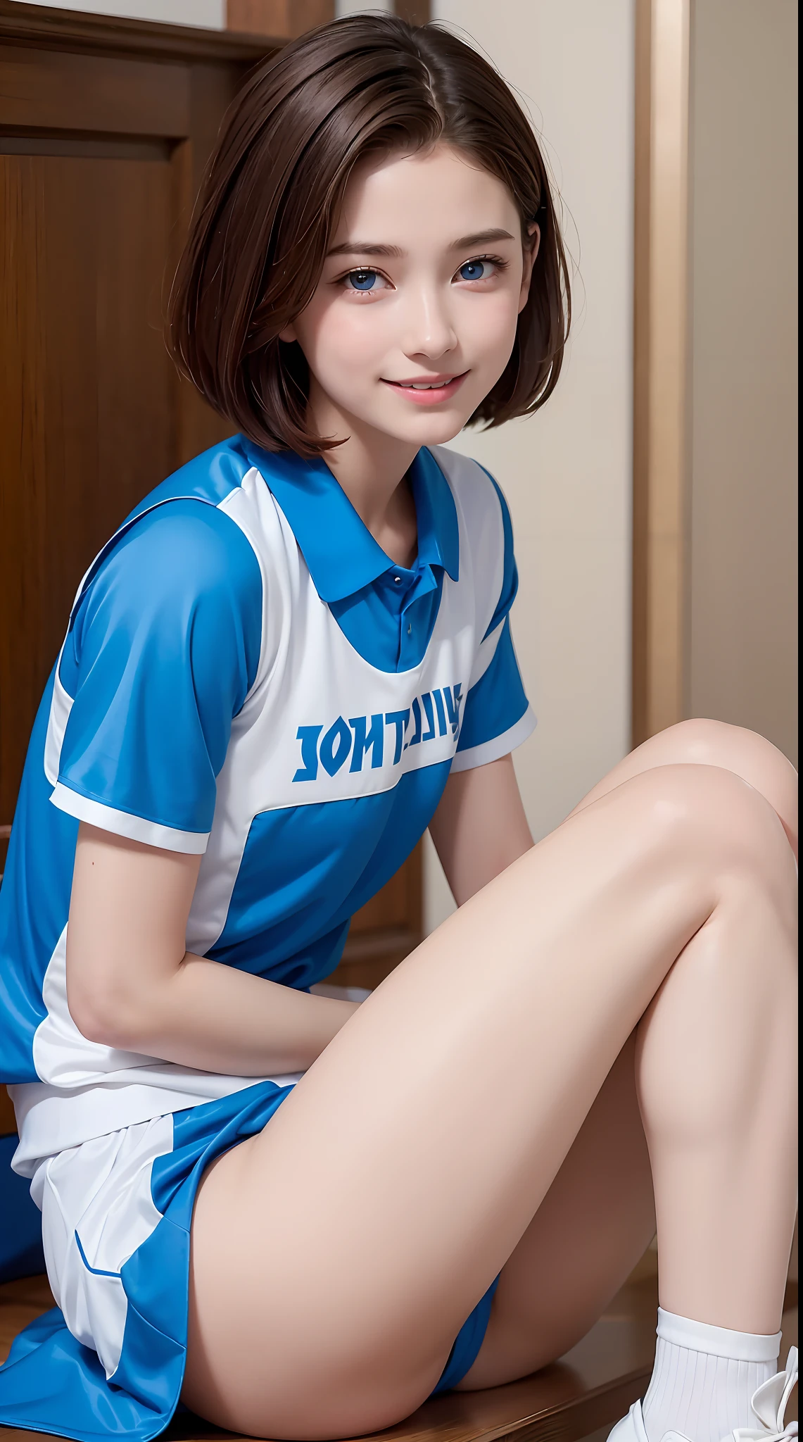 femele,１2 years old,Brown hair,White and blue silk basketball uniform,Shorthair,Blue eyes,Mansuji, A smile,,I see underwear,full body Esbian, (Close Shot, Best Quality, hight resolution, 4K, Detailed Lighting, Shaders, NSFW),  Smiling,  ( Blushing:1.2)sitting on,Legs wide open,small tits,