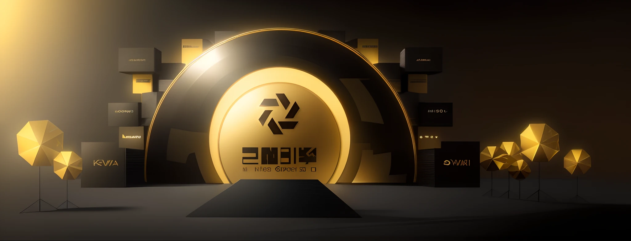 A golden,Modern on black background, International event logo display device, The style is realistic landscape, {gold, dark gray}, Minimalist style, light box, glowing lines, International style, Rendered in Cinema4D, miwa komatsu, 8K, Graphic advertising, High contrast shadows