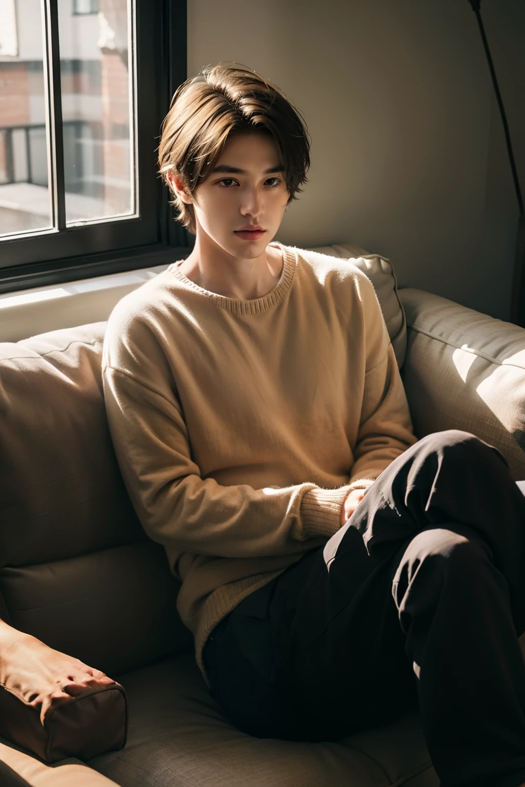 1boy,sitting on a cozy couch,crossing legs,soft light