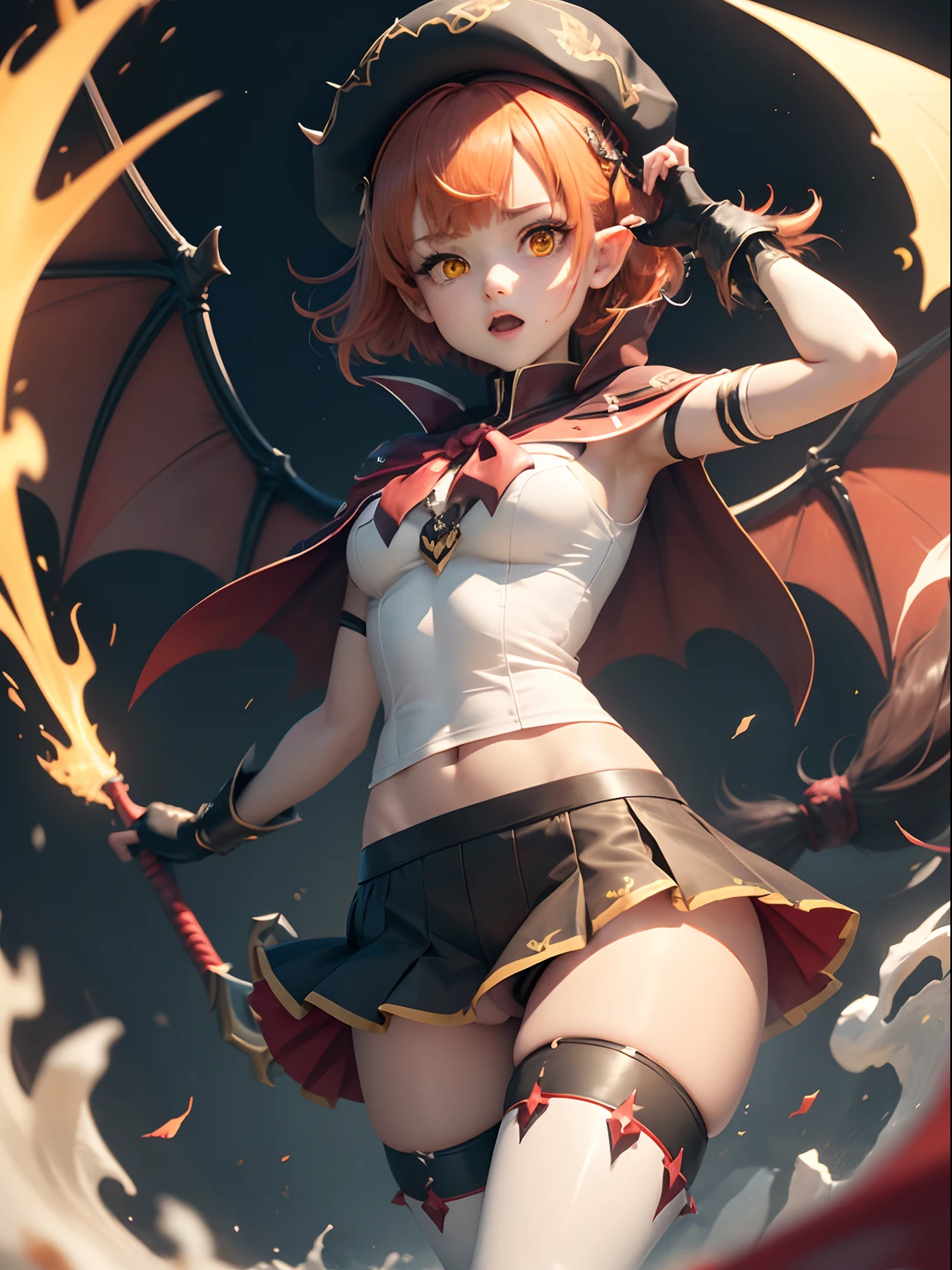 masutepiece, Best Quality, 1girl in, Solo, Yellow eyes, Red hair, Medium chest, Demon Girl, demon tail, Demon Wings, small demonic horns, pointy ear,Twin-tailed, Bat hair ornament, Cape, White shirt, White legwear, stuffed toy, plushies, beret, gloves, Bangs, short-hair,hat ,(Soft skin texture),Open your crotch,,urinate,Foam on the body,Sex in bed,Open the crotch,White foam flows out of the crotch,Gel bukkake,pissing,AHE Face,Open your crotch and press it against the camera,climax,,convulsion、Squirting,Medium 2,