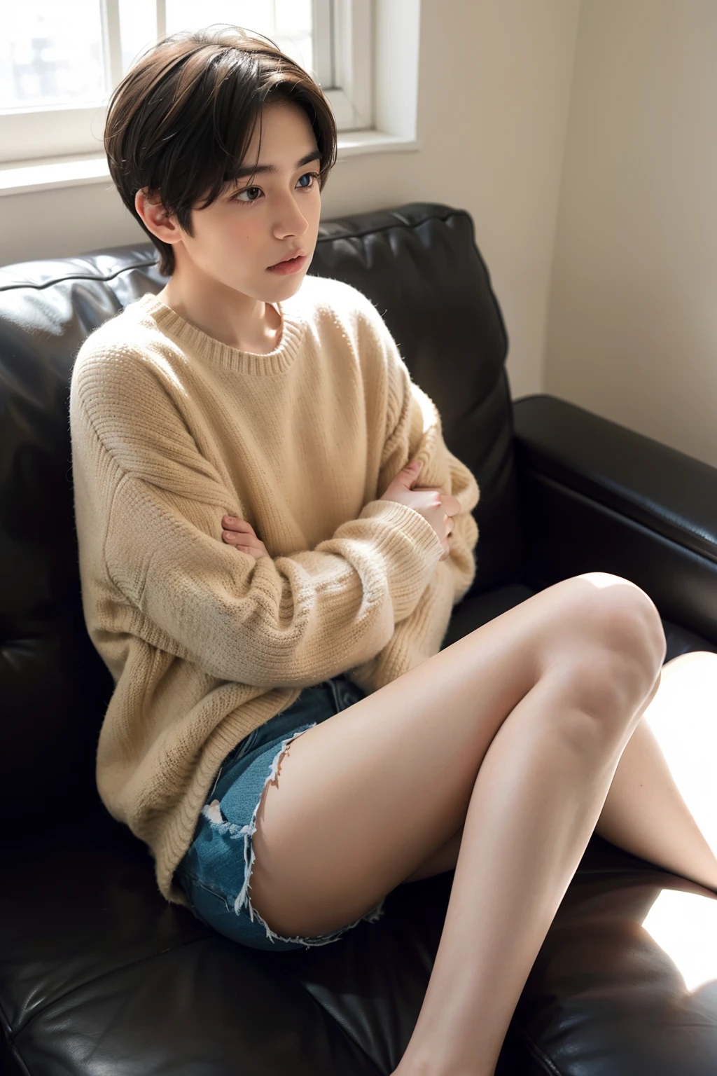 1boy,sitting on a cozy couch,crossing legs,soft light