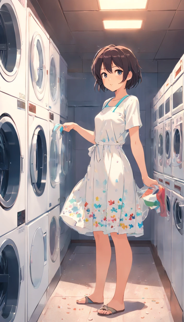 one-girl,terrazzo,Holding a white short-sleeved dress ,washing machine,Clothes to dry,Upp,Super detail, High details