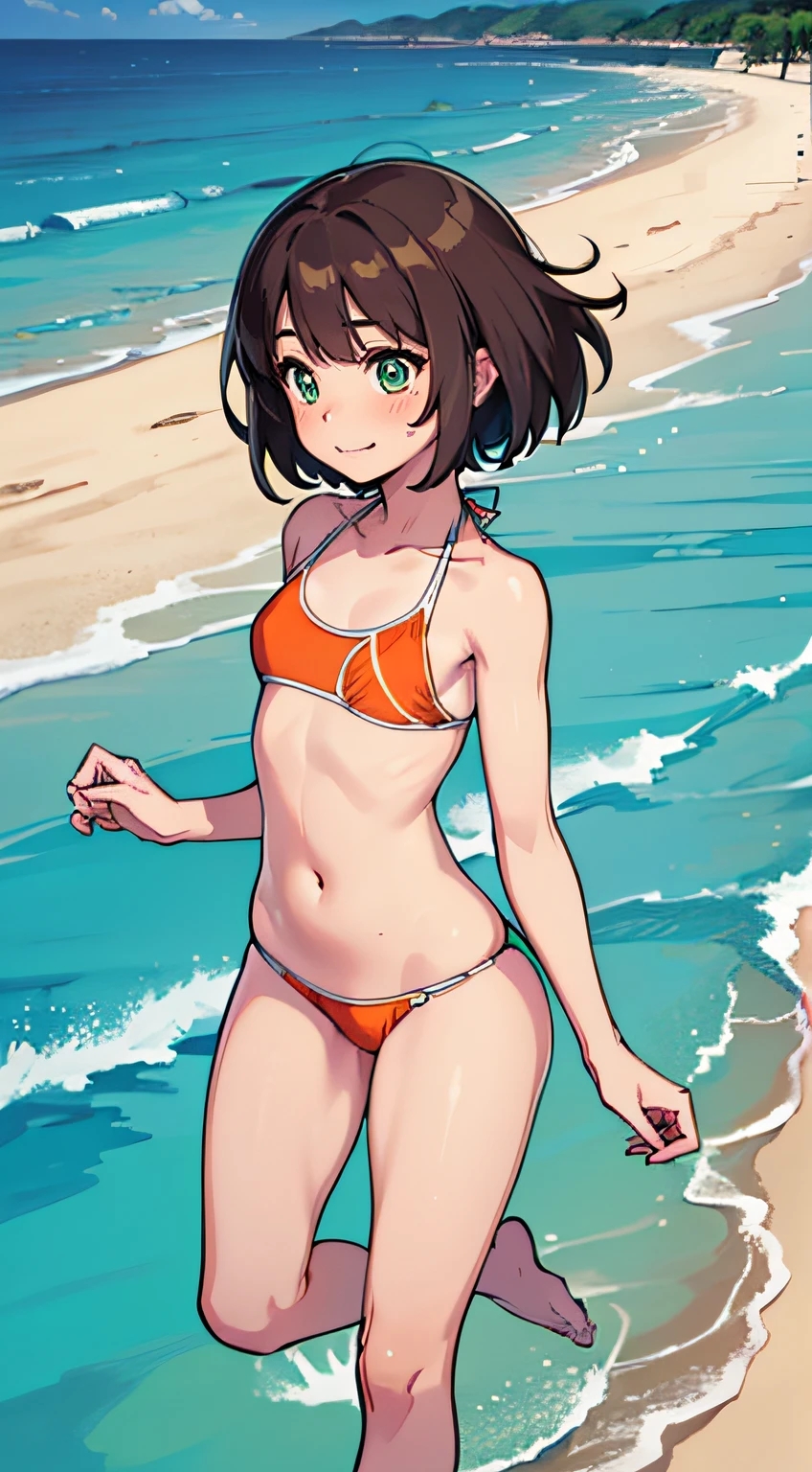 (Masterpiece),(top-quality),in 8K, a beauty girl,Full body like,((small udder)),((skinny thigh)),(((Very Shorthair:1.3))),Nice big green eyes, (High detail eyes), double tooth,dark brown hair, Hair fluttering in the wind,,(Orange swimsuit:1.3),(Sports-type competitive swimsuit:1.3),(Bikini type swimsuit:1.3), (((There is a red line on the edge of the swimsuit:1.3))),Swimsuit with a visible stomach, Hair is wet,Teen Girl,((hight resolution,nffsw,Perfect Pixel,depth of fields)),Beautiful anime girl, Beautiful Art Style,(soio), (highdetailskin:1.3), High school students,Mature body,Running, Soft skin,shores,sand beach,evening,Shiosai,gentle wind,a smile,blushing with embarrassment,Looking Up, Overhead configuration,Floating Droplets, Lens Flare, Fine Features,optimal ratio of four fingers and one thumb,Perspective, Glow white particles,f lare, Fine Features, Perfect ??????? Tommy, Centered, Perfect distance, Highly detailed, with an intricate, acurate, Highly detailed rich colors, Rich colors, clean, Rich colors, elaborate details, golden ratio illustrations