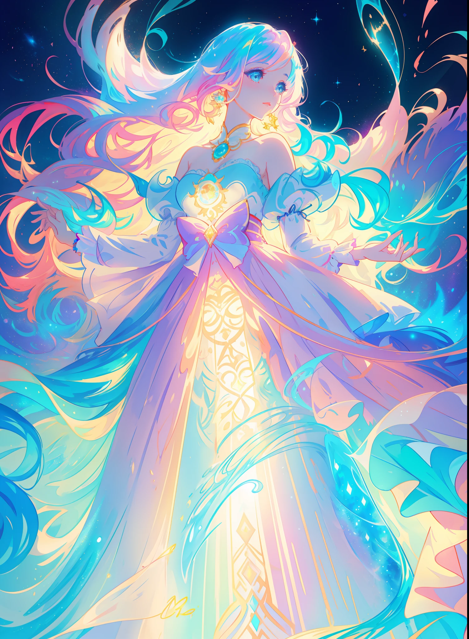 beautiful girl, puffy tiered ballgown, vibrant pastel colors, (colorful), glowing golden long hair, magical lights, sparkling magical liquid, inspired by Glen Keane, inspired by Lois van Baarle, disney art style, by Lois van Baarle, glowing aura around her, by Glen Keane, jen bartel, glowing lights! digital painting, flowing glowing hair, glowing flowing hair, beautiful digital illustration, fantasia background, whimsical, magical, fantasy, ((beautiful face)), ((masterpiece, best quality)), intricate details, highly detailed, sharp focus, 8k resolution, sparkling detailed eyes, liquid watercolor