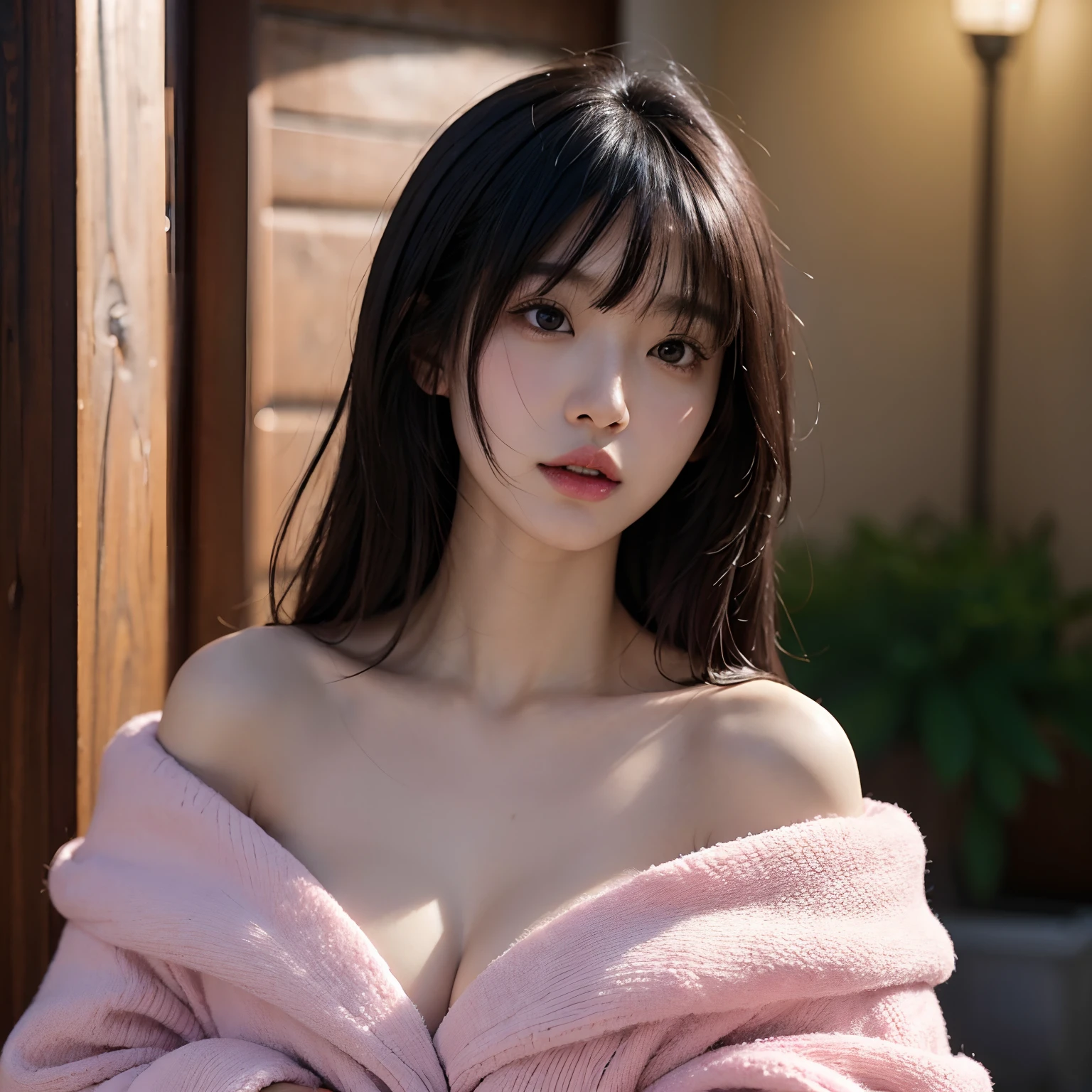 Japanese girl, large chest, fleece, edging, covered,ahegao face, medium length black hair, bangs, brown eyes, light pink lips, sharp chin, thin neck, hyper realism, realistic