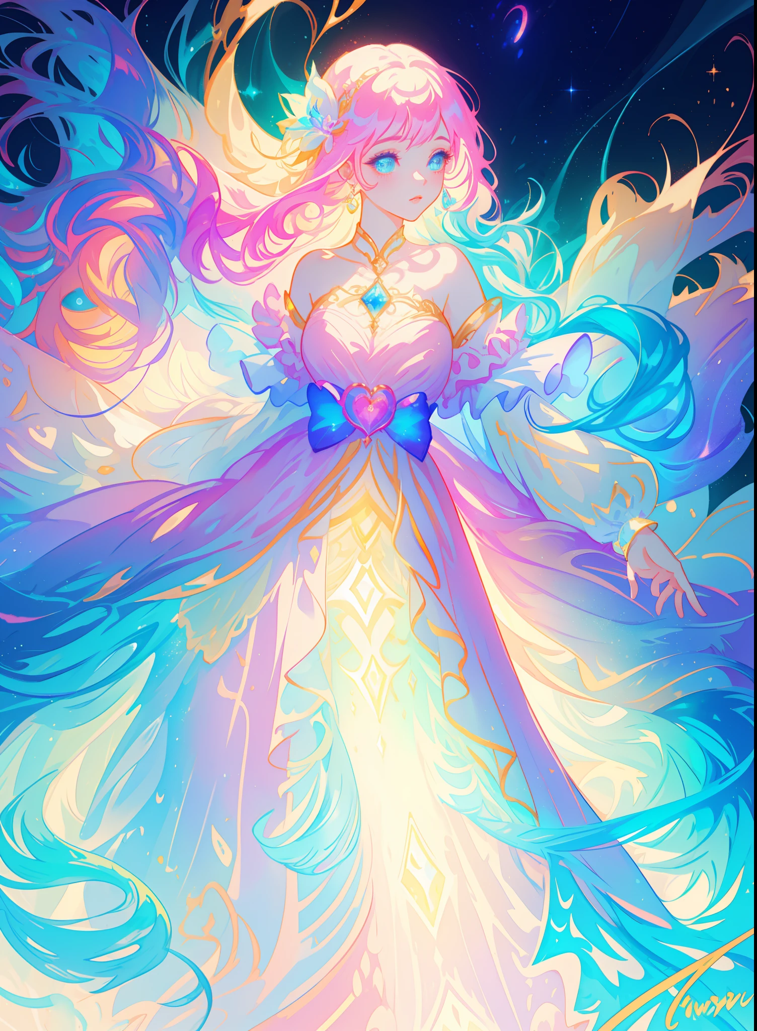 beautiful girl, puffy tiered ballgown, vibrant pastel colors, (colorful), glowing golden long hair, magical lights, sparkling magical liquid, inspired by Glen Keane, inspired by Lois van Baarle, disney art style, by Lois van Baarle, glowing aura around her, by Glen Keane, jen bartel, glowing lights! digital painting, flowing glowing hair, glowing flowing hair, beautiful digital illustration, fantasia background, whimsical, magical, fantasy, ((beautiful face)), ((masterpiece, best quality)), intricate details, highly detailed, sharp focus, 8k resolution, sparkling detailed eyes, liquid watercolor
