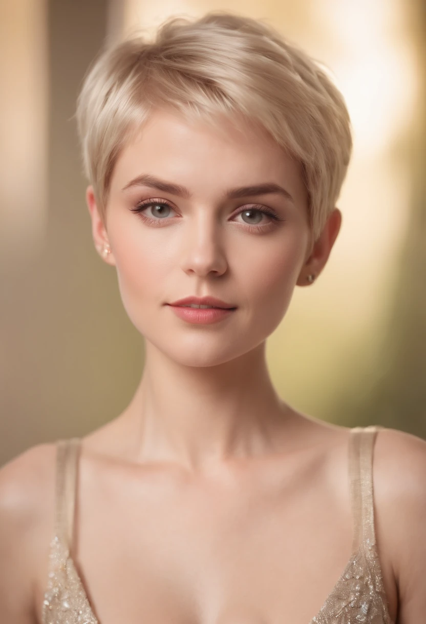 Photo-realistic young petite blonde pixie cut cleavage
