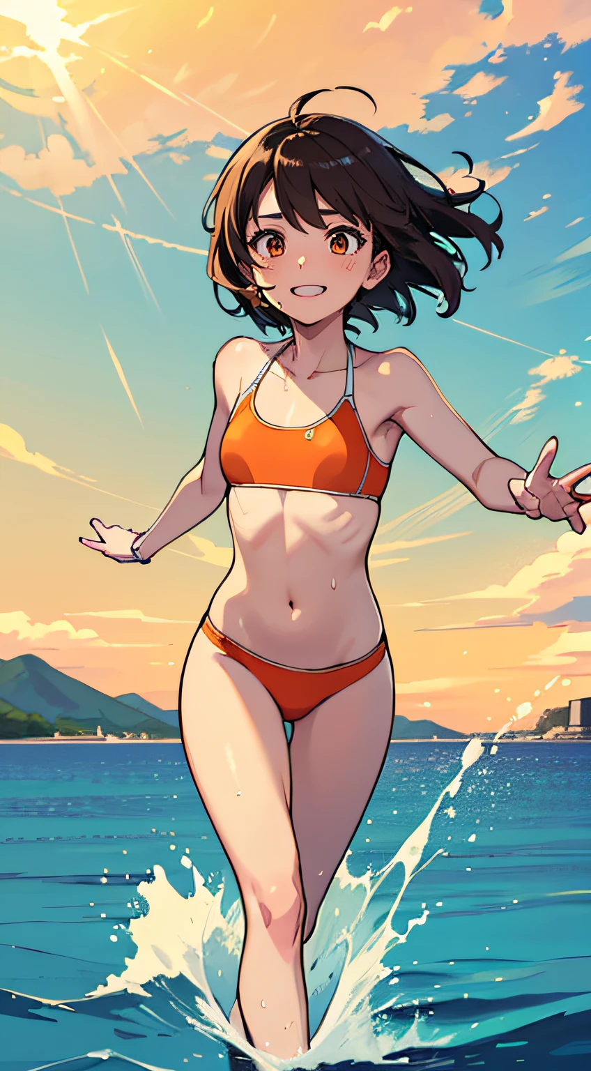 (Masterpiece),(top-quality),in 8K, a beauty girl,Full body like,((small udder)),((skinny thigh)),(((Very Shorthair:1.3))),Nice big brown eyes, (High detail eyes), double tooth,dark brown hair, Hair fluttering in the wind,,(Orange swimsuit:1.3),(Sports type swimwear:1.3),(Bikini type swimsuit:1.3), There is a red line on the edge of the swimsuit,Swimsuit with a visible stomach, Hair is wet,Teen Girl,((hight resolution,nffsw,Perfect Pixel,depth of fields)),Beautiful anime girl, Beautiful Art Style,(soio), (highdetailskin：1.3), High school students,Mature body,Running, Soft skin,shores,sand beach,evening,Shiosai,gentle wind,a smile,blushing with embarrassment,Looking Up, Overhead configuration,Floating Droplets, Lens Flare, Fine Features,optimal ratio of four fingers and one thumb,Perspective, Glow white particles,f lare, Fine Features, Perfect Anatomy Tommy, Centered, Perfect distance, Highly detailed, with an intricate, acurate, Highly detailed rich colors, Rich colors, clean, Rich colors, elaborate details, golden ratio illustrations