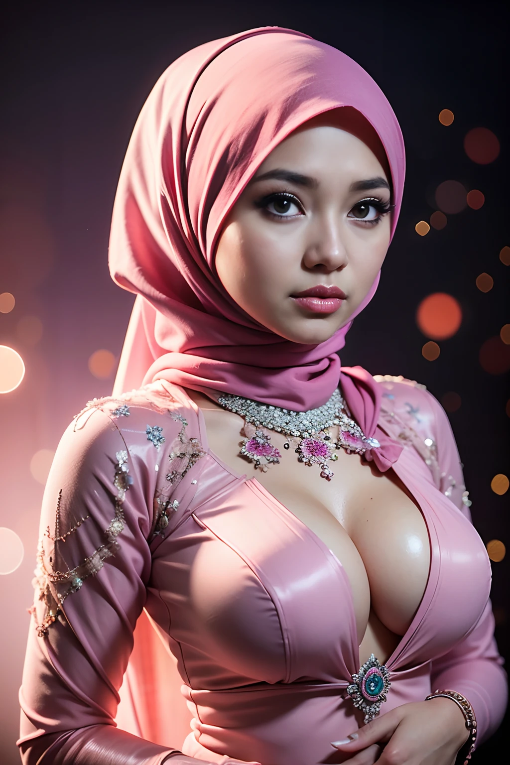 1 malay girl , modern plain hijab,  shy, medium portrait shot , watery  eyes , pink glowing particles, wear kebaya red long neck, big breast, pink light bokeh background, proportional body,