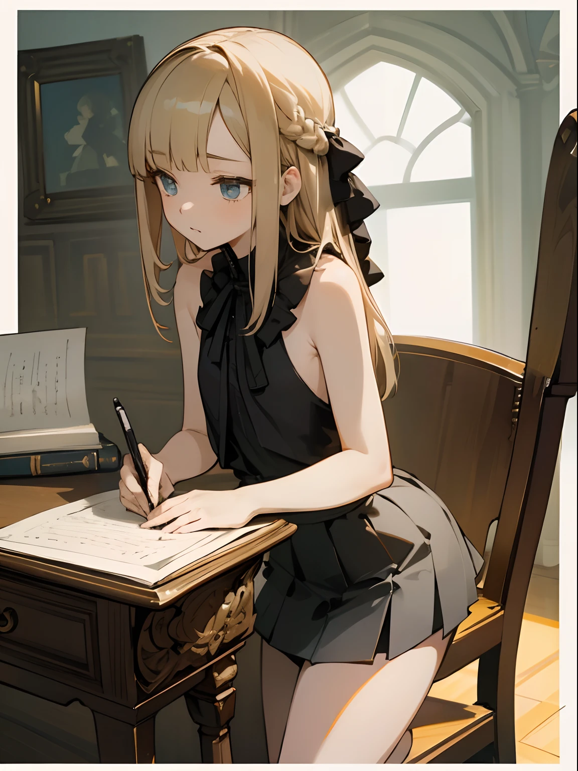 Reines, 1girl, high quality, best quality, illustration, masterpiece, (highly detailed:1.2), (extremely detailed:1.3), black halter neck shirt, sleeveless shirt, backless, young girl, string ribbon, mini skirt, braid, petite, ****, writing on desk, in a house