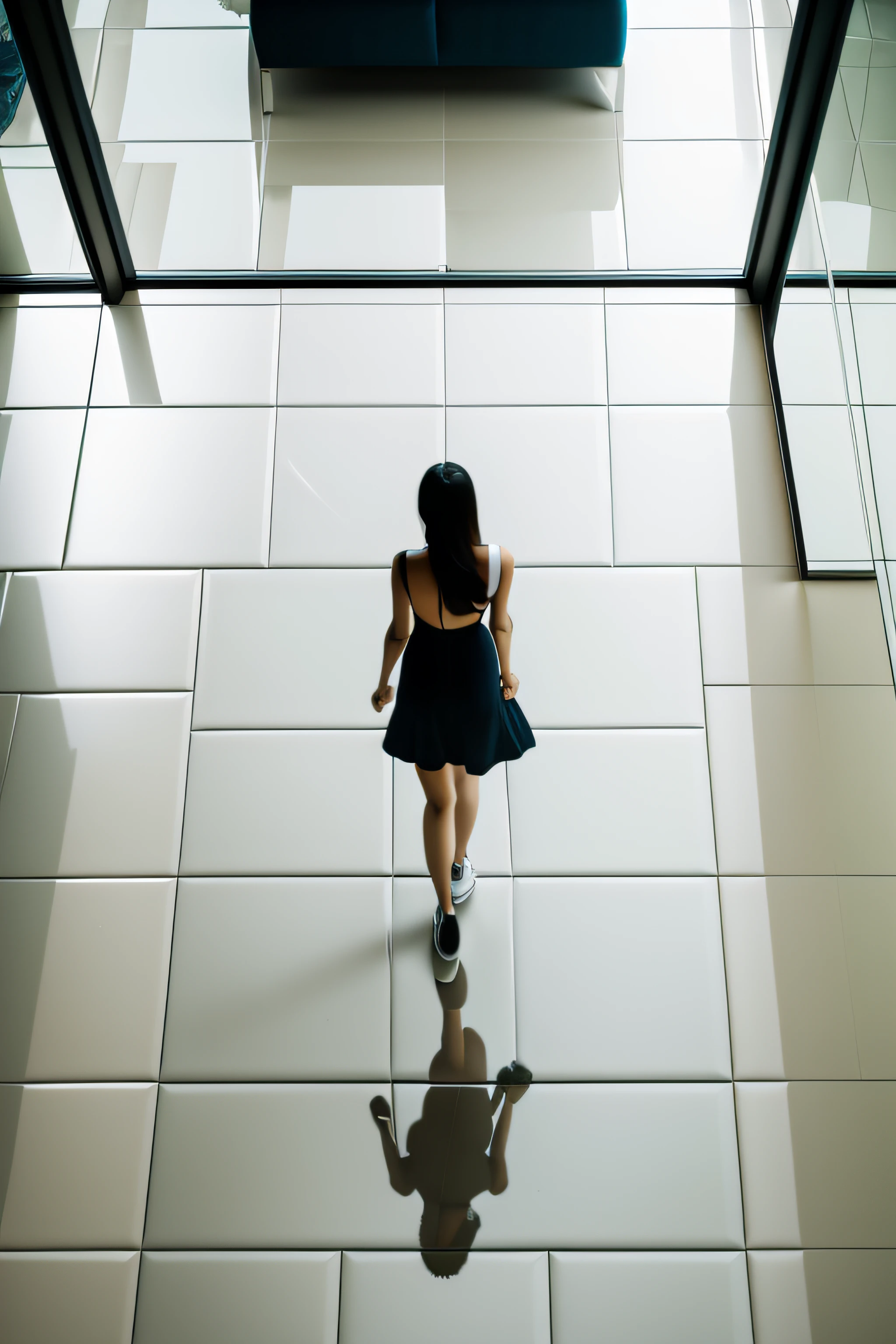 Woman walking on mirror polished floor、She is reflected on the floor、Focus on the floor、View from above diagonally、underfoot、full body wide shot