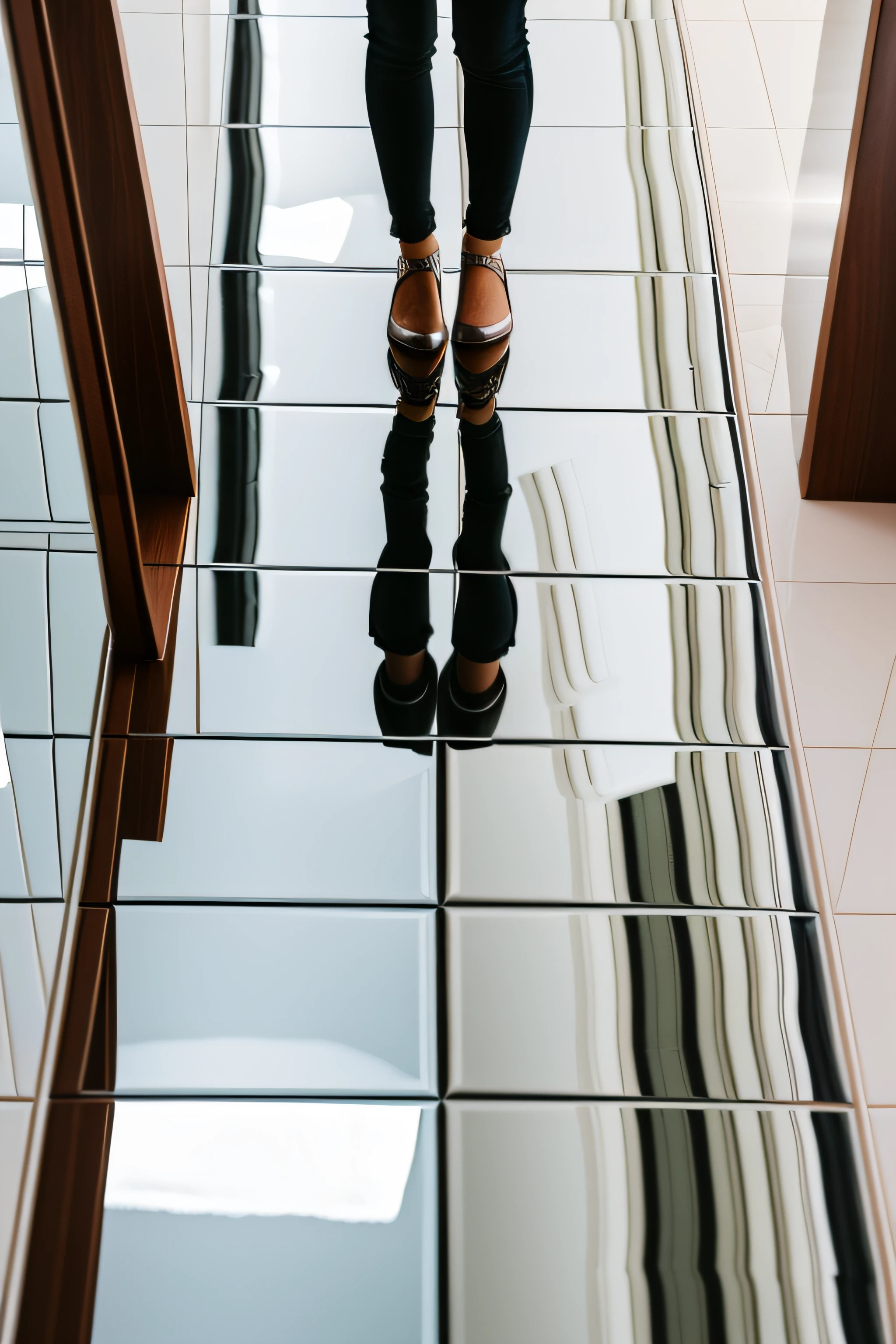 Woman walking on mirror polished floor、She is reflected on the floor、Focus on the floor、View from above diagonally、underfoot、full body wide shot
