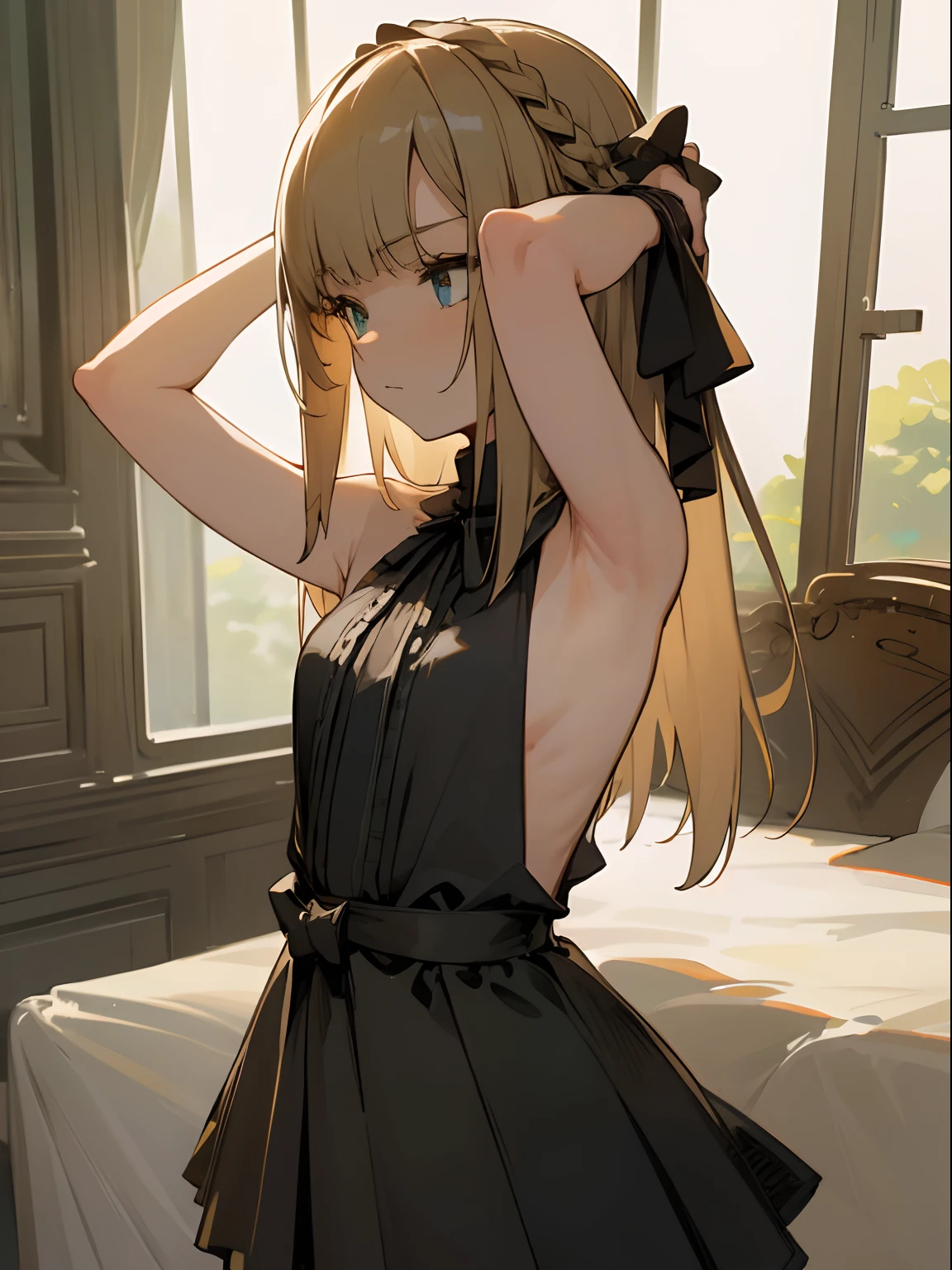 Reines, 1girl, high quality, best quality, illustration, masterpiece, (highly detailed:1.2), (extremely detailed:1.3), black halter neck shirt, sleeveless shirt, backless, young girl, string ribbon, short skirt, braid, petite, loli, visible armpits, in a house