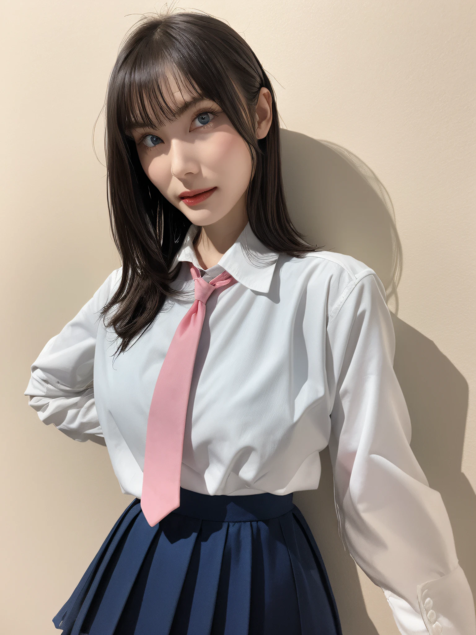 Best Quality,masutepiece,8K Wallpaper,absurderes, hight resolution, ultra-detailliert, (1 young Beautiful girl, Solo:1.1), Blue eyes,Realistic,Bangs,Long hair, Pink hair, High collar,Collared shirt,White shirt,Pleated skirt,Black skirt,Cowboy Shot, Upper body,Miniskirt,Letterman Jacket,A tropical paradise where the sun shines brightly every day,BREAK