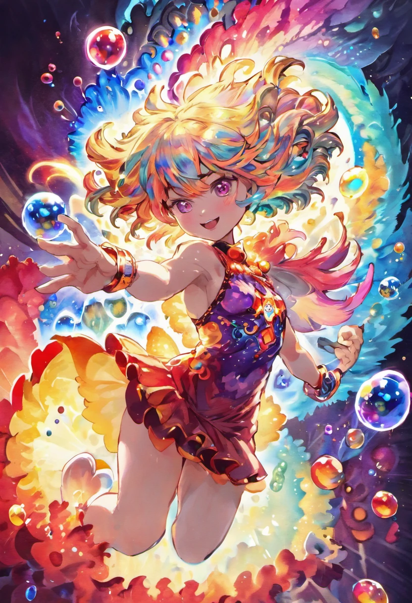 (Masterpiece, Top Quality, Best Quality, Watercolor (Medium), Official Art, Beautiful and Aesthetic: 1.2), (1 Girl: 1.3), (Fractal Art: 1.3), Morning, Good Morning, Smile, Sunny Day, Cheerful, Look Viewer, Pattern, Wave, (Iridescent Hair, Colorful Hair: 1.2), Sky, Gas, Clouds, Colorful, Soap Bubbles
