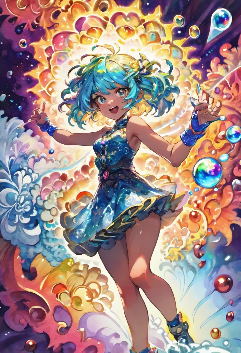 (Masterpiece, Top Quality, Best Quality, Watercolor (Medium), Official Art, Beautiful and Aesthetic: 1.2), (1 Girl: 1.3), (Fractal Art: 1.3), Morning, Good Morning, Smile, Sunny Day, Cheerful, Look Viewer, Pattern, Wave, (Iridescent Hair, Colorful Hair: 1.2), Sky, Gas, Clouds, Colorful, Soap Bubbles