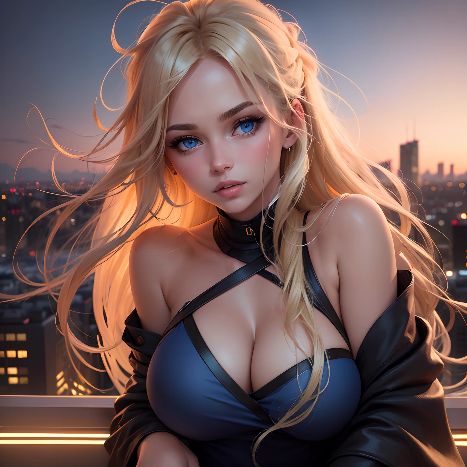 “Shoot a portrait of a sexy beautiful young woman with windswept blonde locks and striking blue eyes on a city rooftop at twilight. The city lights illuminate her, blending the golden hues of her hair with the dusky blues of the evening sky. She gazes out, taking in the panoramic view, with the cityscape sprawling behind her.”