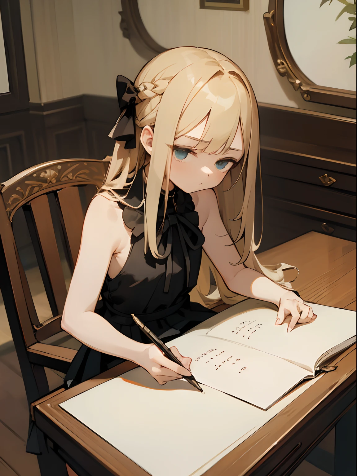 Reines, 1girl, high quality, best quality, illustration, masterpiece, (highly detailed:1.2), (extremely detailed:1.3), black halter neck shirt, sleeveless shirt, backless, young girl, string ribbon, mini skirt, braid, petite, ****, writing on desk, sitting on chair, in a house