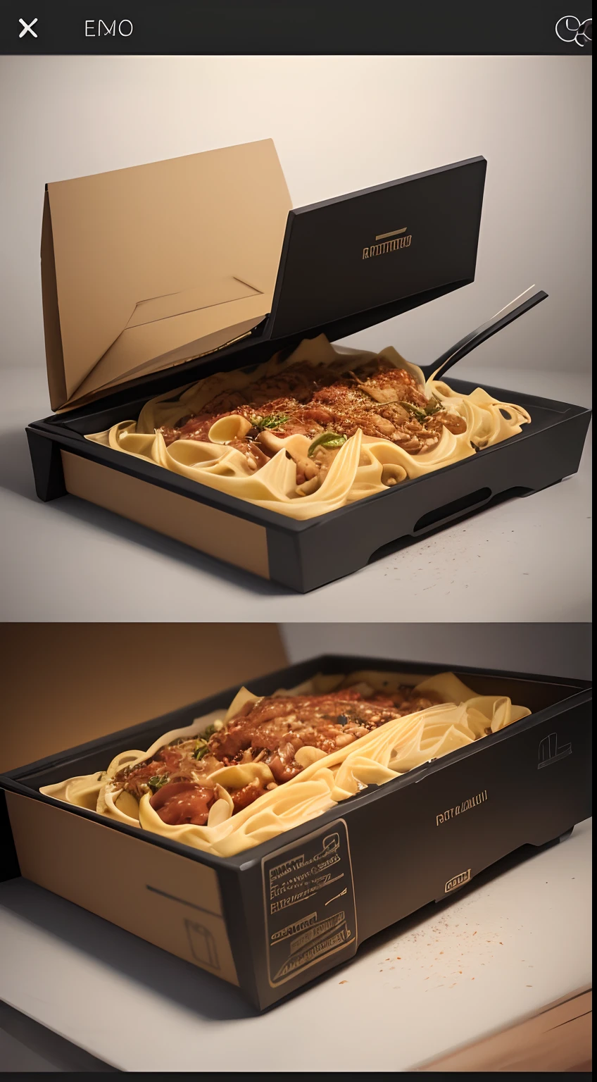 product photography: Fettuccine in mushrooms spicy sauce in a modern black and yellow fast-food-style cardboard box , intrincado, epopeya, Altamente detallado, vibrante, food photography, a, foto ganadora de premio ,Epic render, octano, Luces de acento, (retroiluminado:1.3), (Kinematic:1.3), Detalles intrincados, (Artstation:1.3)