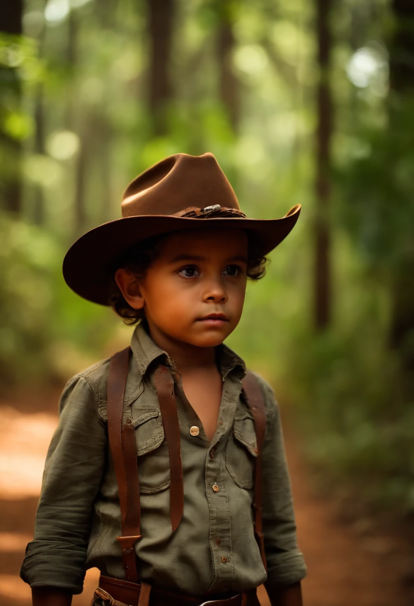 um de 6 anos de idade, cabelos castanho, cowboy style leather hat, Old, dirt-stained button-down shirt, corpo inteiro, disney pixar, cute, Forest Region, bioma caatinga brasileira.