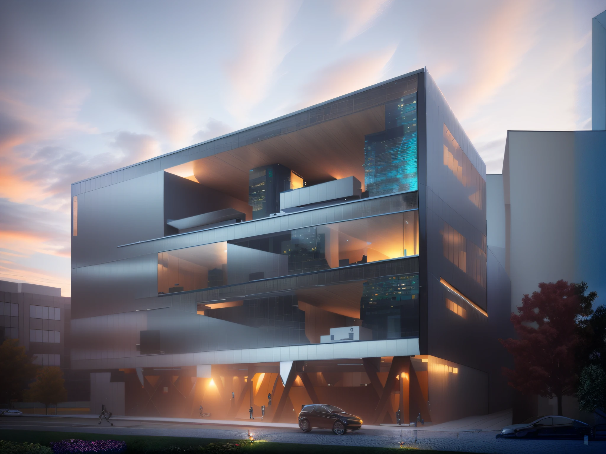 Aalfid view of modern architecture，There was a car parked in front, architecture render, architectural render, vray rendered, night time render, Render in Vray, beeple rendering, artstation hq, 3 d render beeple, artstation hq”, rendered in vray, rendered in octane render, dramatic lighting render, 3 d render even lit