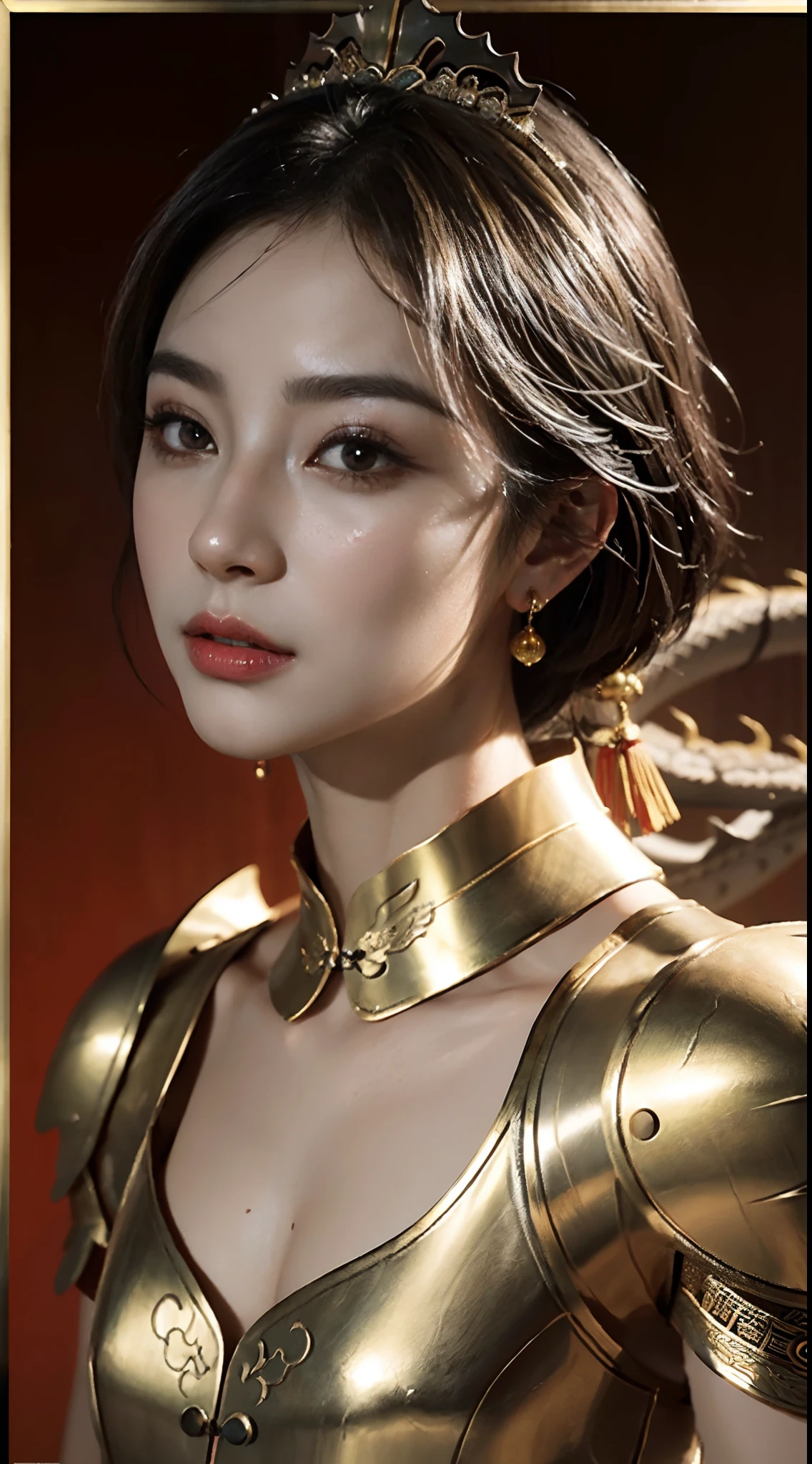 small head, (perfect bodies: 1.1), (short-length straight black short hair: 1.2), （极其细致的CG 8k壁纸），（Extremely refined and beautiful），（masterpiece），（best qualtiy：1.0），（超高分辨率：1.0），[A high resolution],Mighty,serious,(Smooth and flawless fair skin:1.5),(shiny skin:1.5),(ultra - detailed,(Small breasts:1.1),Flat chest,Slim,thin,(Gorgeous Chinese Dragon Style Empress Armor:1.5),jewels,Necklaces, earrings, rings, bracelets,in Luxury Chinese Palace，from front，(Close shot:1.3),cowboy shot,(Portrait above chest level:1.2）