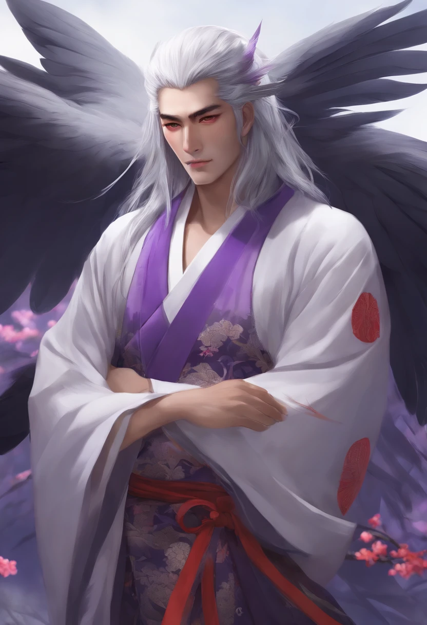 Man, Tengu, Onmyoji, Bird's Beak, Shaggy, Gray Hair, White Feathers, Long Wings, Purple Pupils, Kimono, Japanese Style, Simple Background