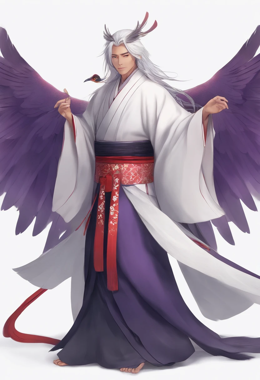 Man, Tengu, Onmyoji, Bird's Beak, Shaggy, Gray Hair, White Feathers, Long Wings, Purple Pupils, Kimono, Japanese Style, Simple Background